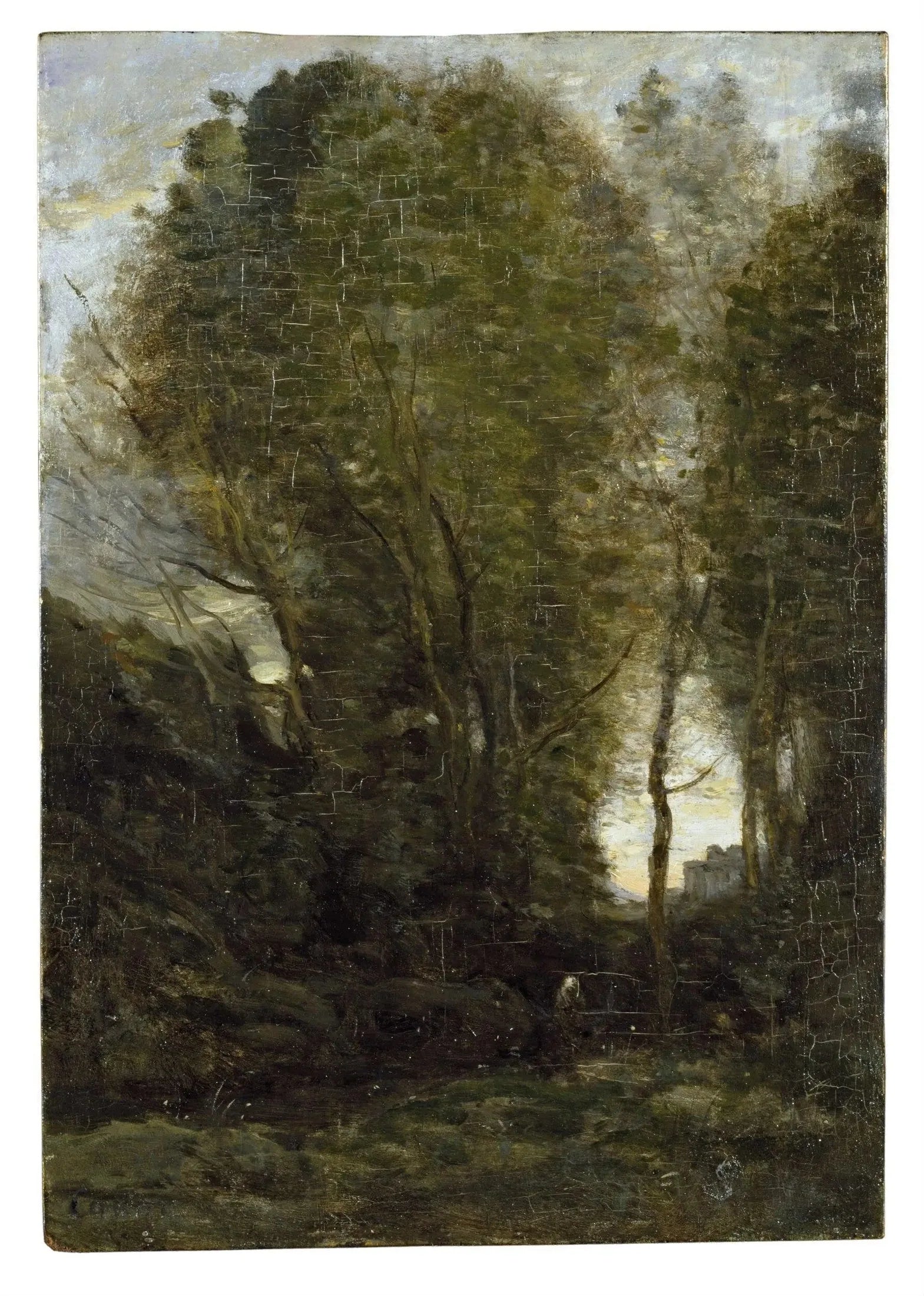 Crépuscule : Paysage avec de grands arbres et une figure féminine - Jean-Baptiste Camille Corot image 1 reproduction artisanale de tableau