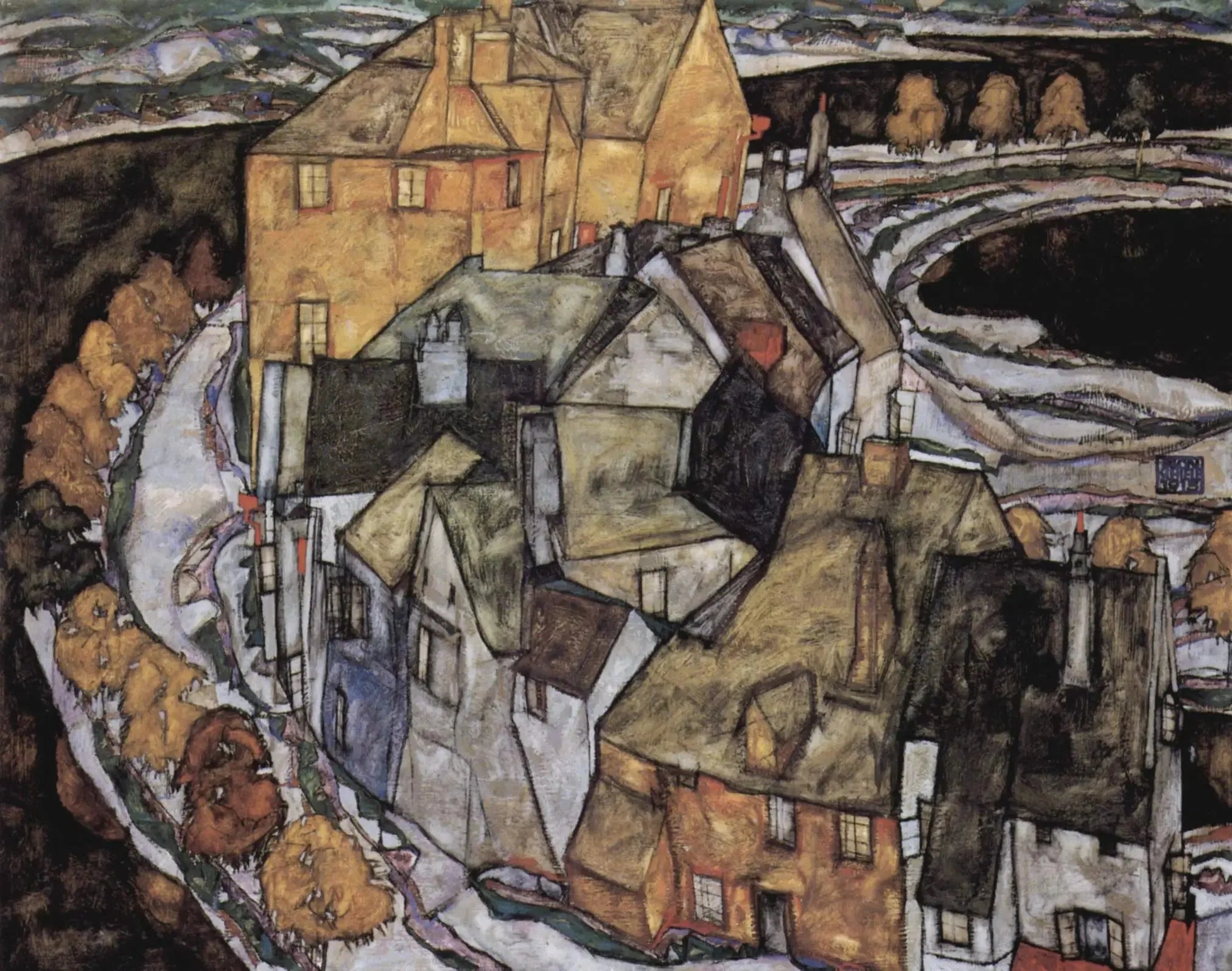 Croissant de Maisons II (Ville insulaire) - Egon Schiele image 1 copie de tableau peinte à la main