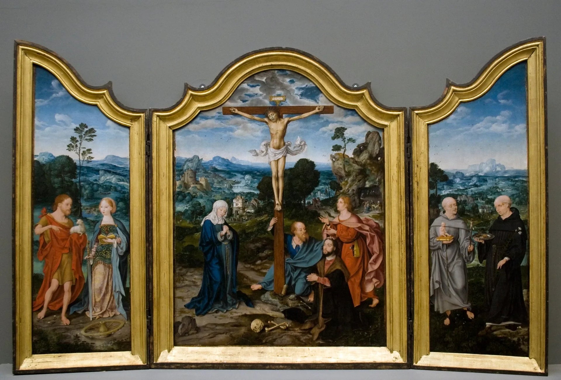 Crucifixion avec Saints et Donateurs - Joos van Cleve image 1 reproduction de peinture à l’huile