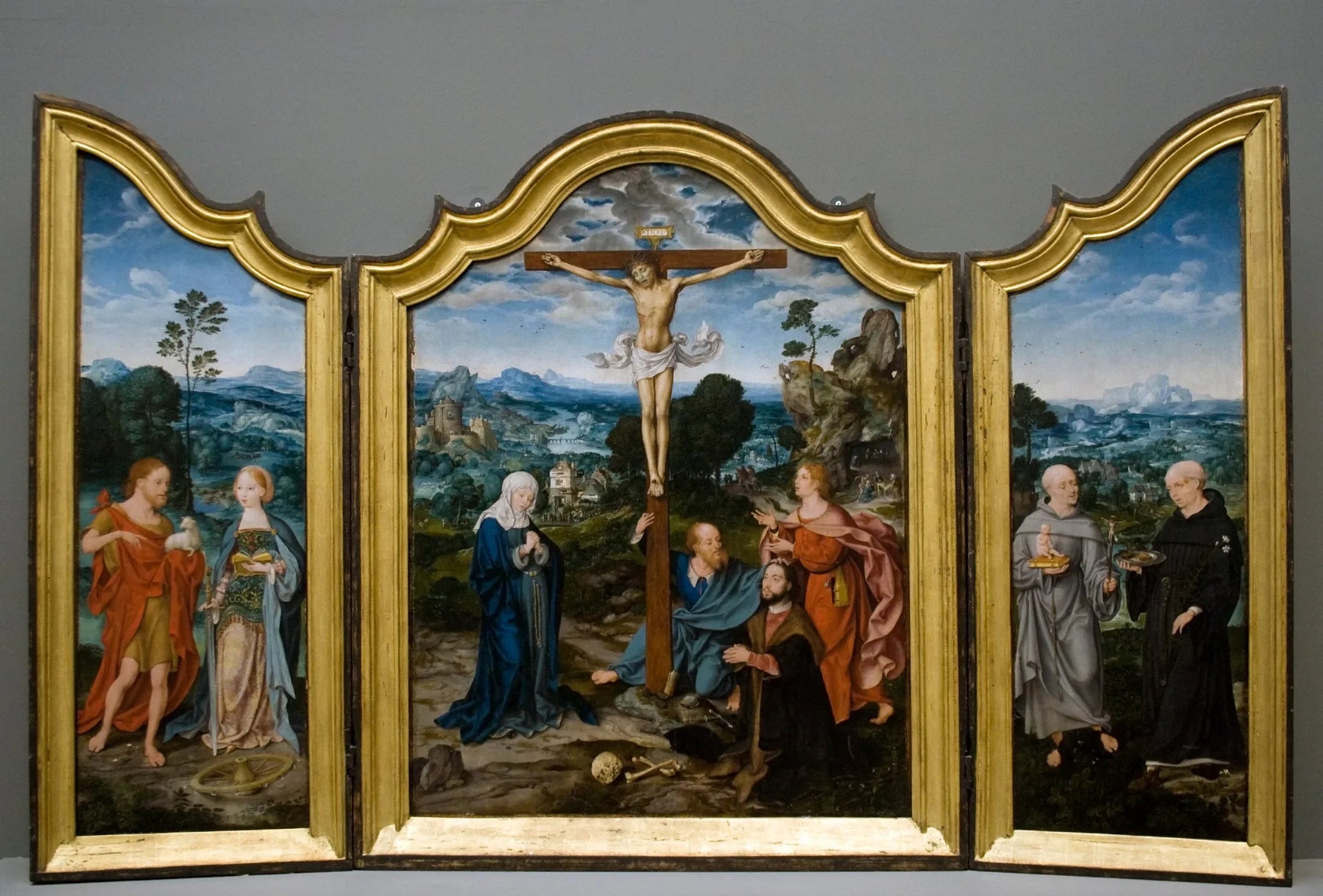 Crucifixion avec Saints et Donateurs - Joos van Cleve image 1 reproduction de peinture à l’huile