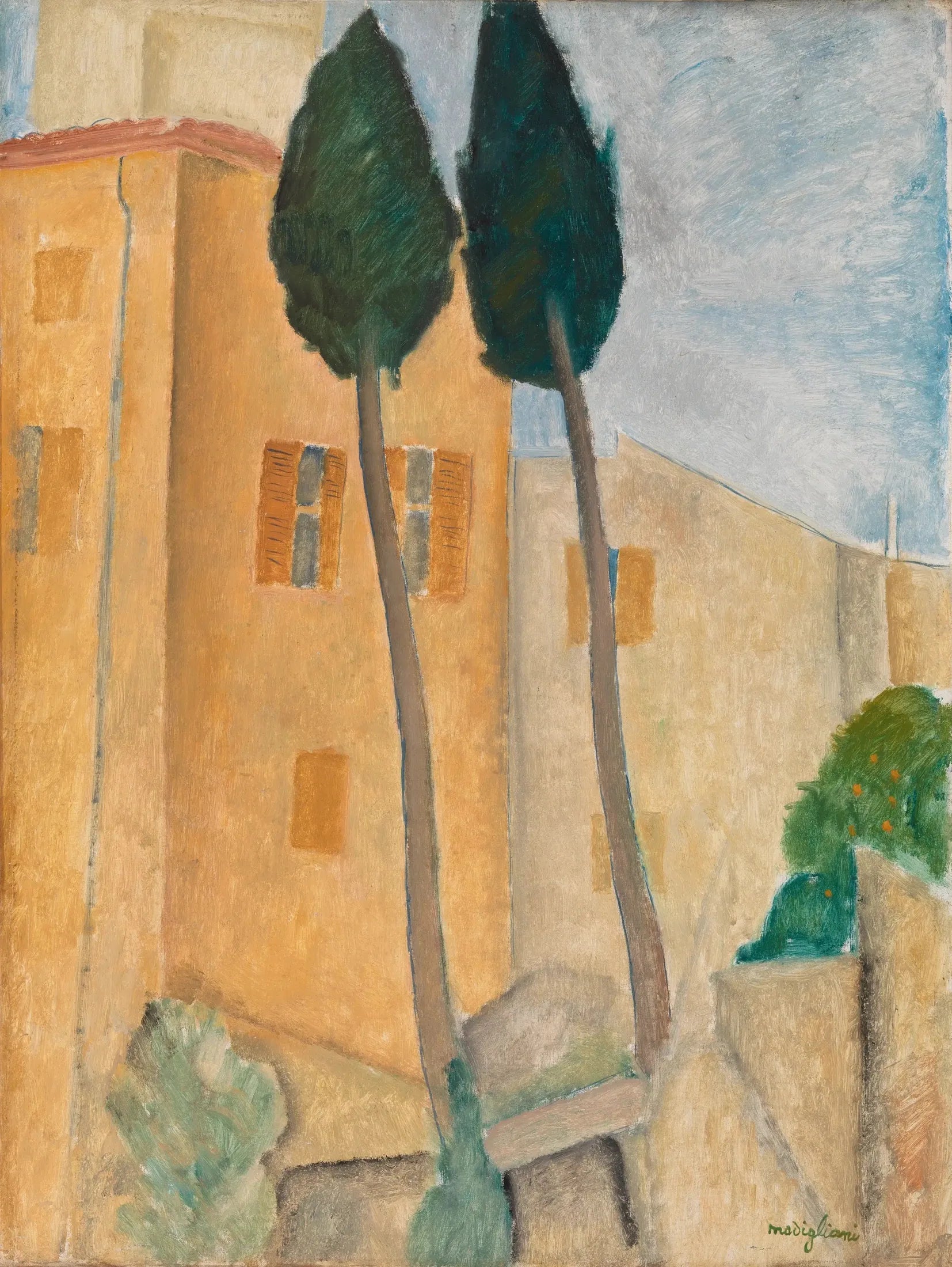 Cyprès et maisons à Cagnes - Amedeo Modigliani image 1 copie de tableau peinte à la main