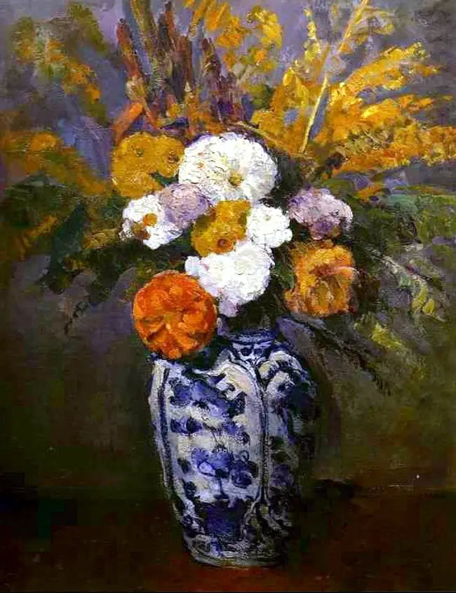 Dahlias dans un grand vase de Delft - Paul Cézanne image 1 reproduction de peinture à l’huile