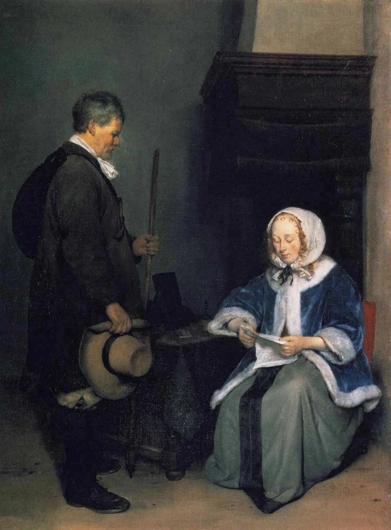 Dame assise lisant une lettre avec un homme - Gerard ter Borch image 1 reproduction artisanale de tableau