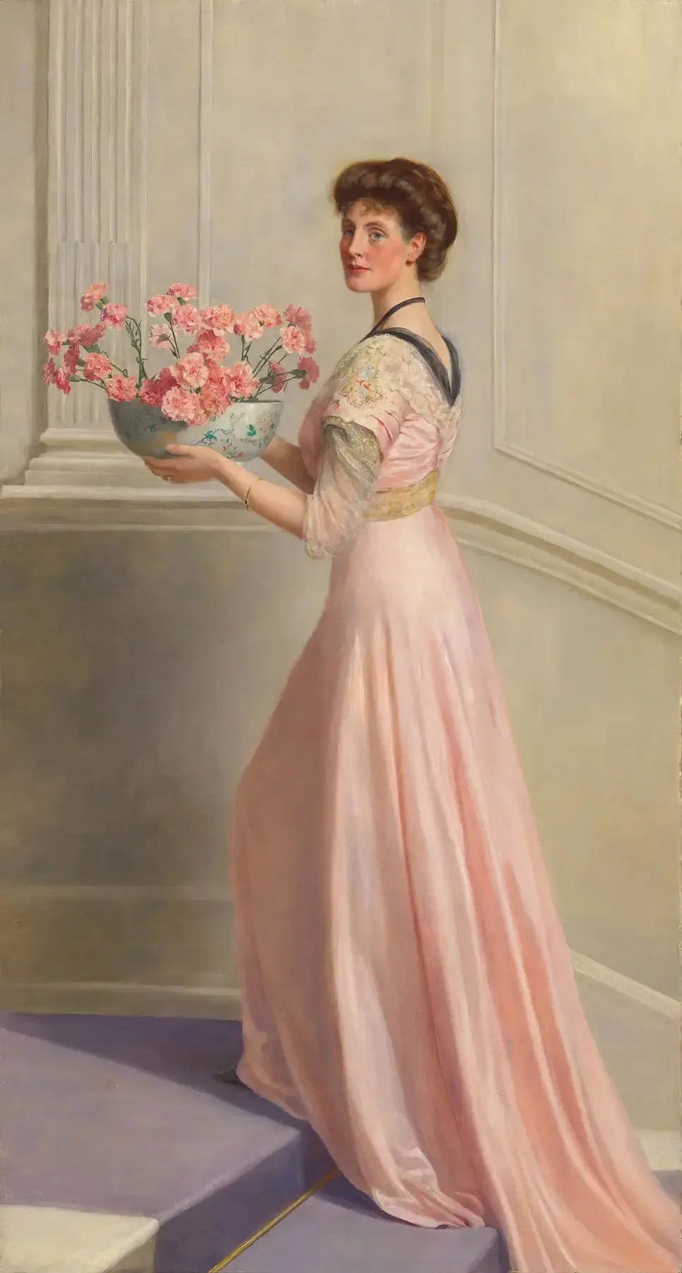 Dame au bol d'œillets roses - John Collier image 1 tableau peint à l’huile sur toile