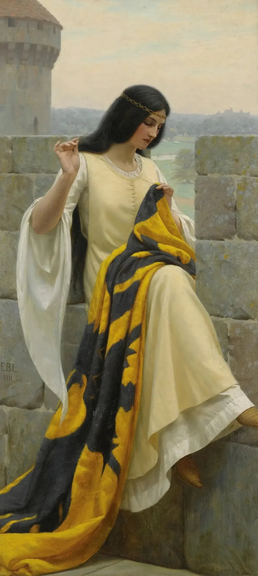 Dame brodant la bannière - Edmund Blair Leighton image 1 reproduction artisanale de tableau