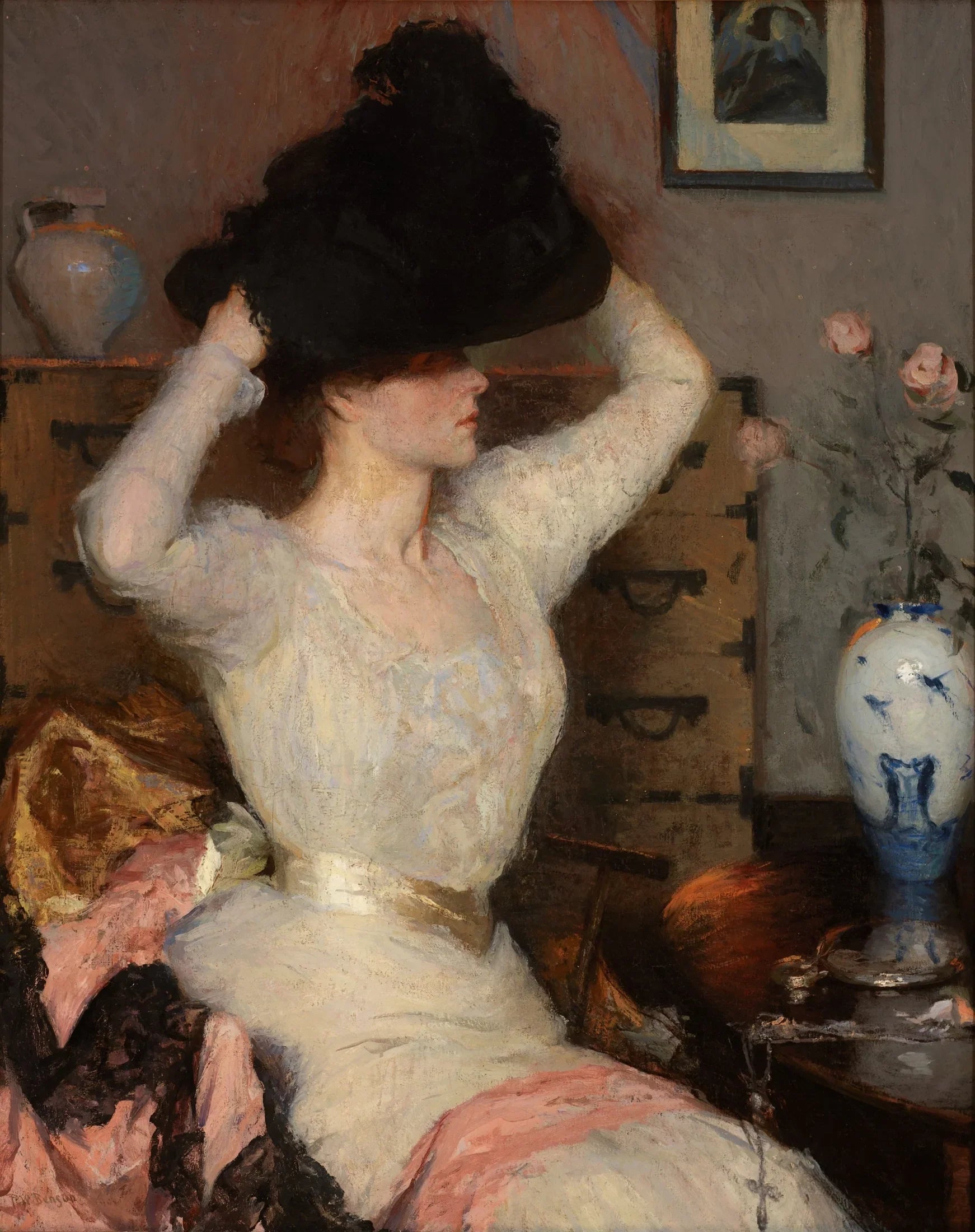 Dame essayant un chapeau (Le chapeau noir) - Frank Weston Benson image 1 reproduction réalisée par Alpha Reproduction