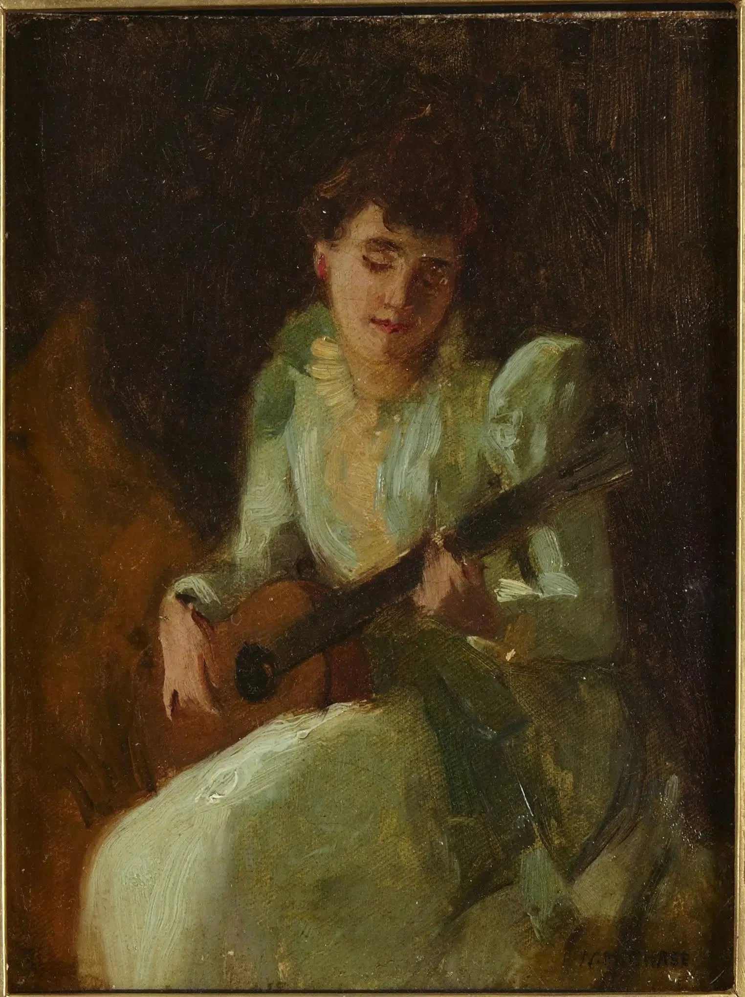 Dame jouant de la guitare - William Merritt Chase image 1 copie de tableau peinte à la main