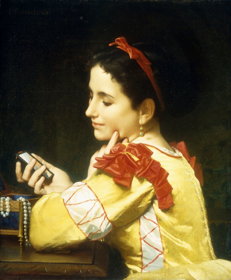 Dame se regardant dans un miroir à main - Léon Perrault image 1 reproduction artisanale de tableau