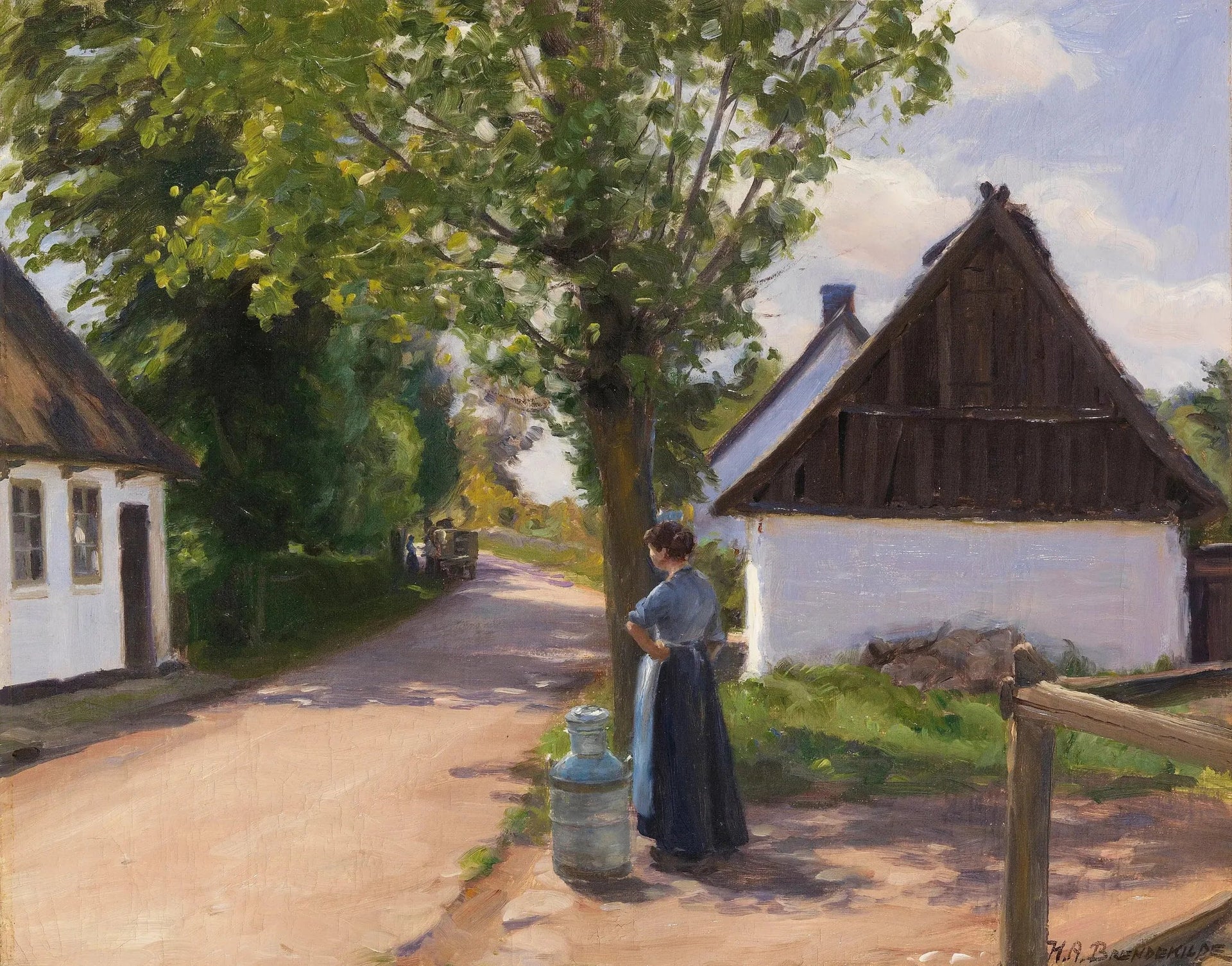 Dänische Dorfstraße mit Bäuerin und Milchmann - H. A. Brendekilde image 1 copie peinte à la main à l’huile