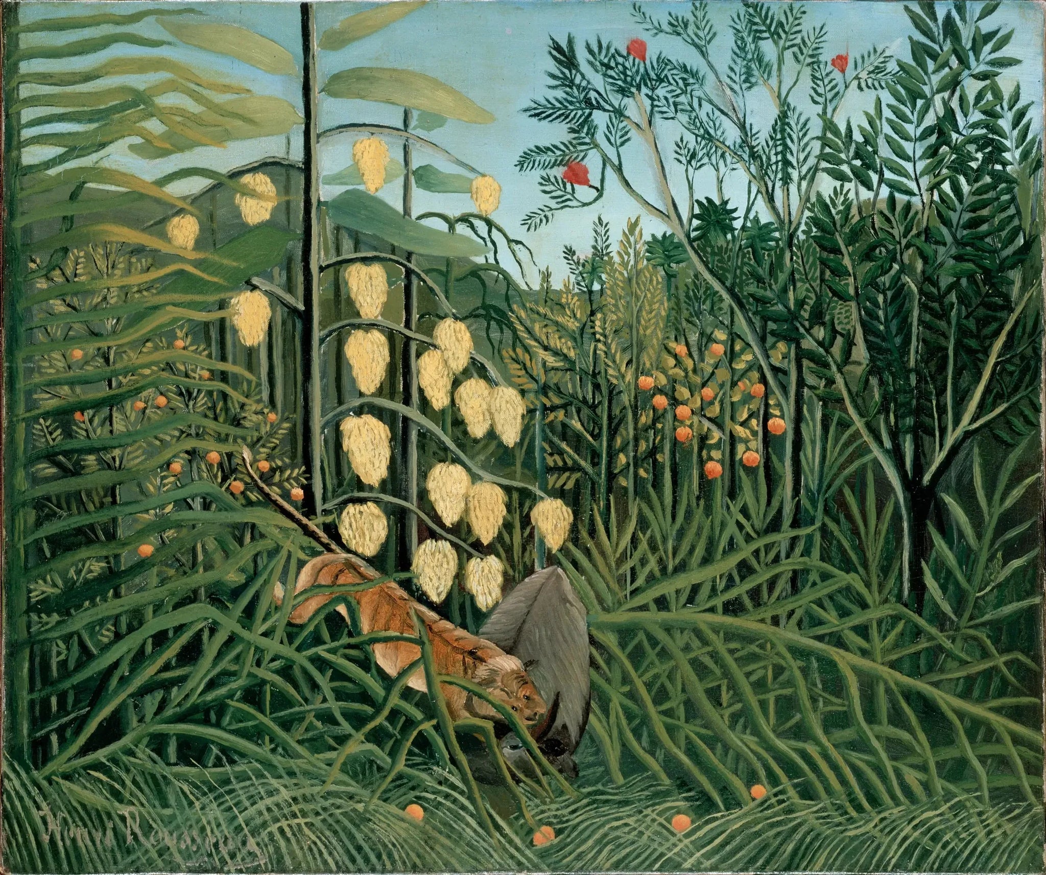 Dans la forêt tropicale - Combat d'un tigre et d'un taureau - Henri Rousseau image 1 copie peinte à la main à l’huile
