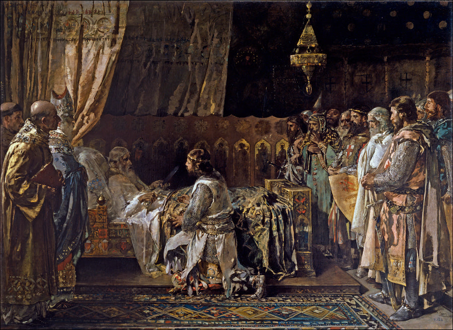 Dans ses derniers instants, le roi Jaime le Conquistador donne son épée à son fils Pedro - Ignasi Pinazo i Camarlench