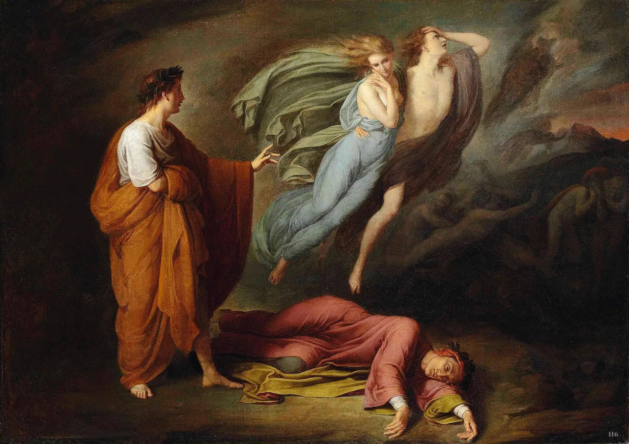 Dante et Virgile avec Paolo et Francesca - Ary Scheffer image 1 copie peinte à la main à l’huile