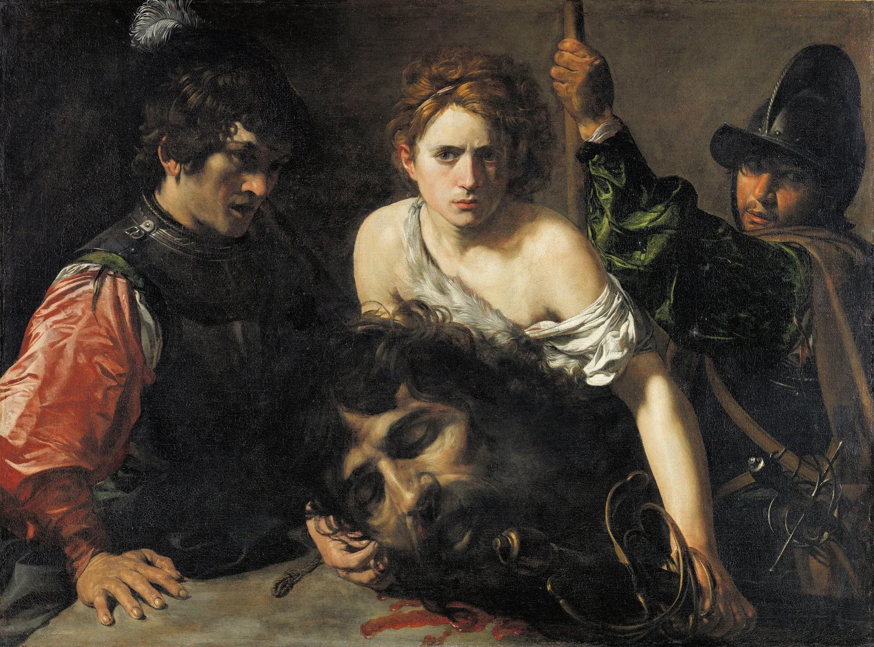 David tenant la tête de Goliath et deux soldats - Valentin de Boulogne image 1 reproduction de peinture à l’huile