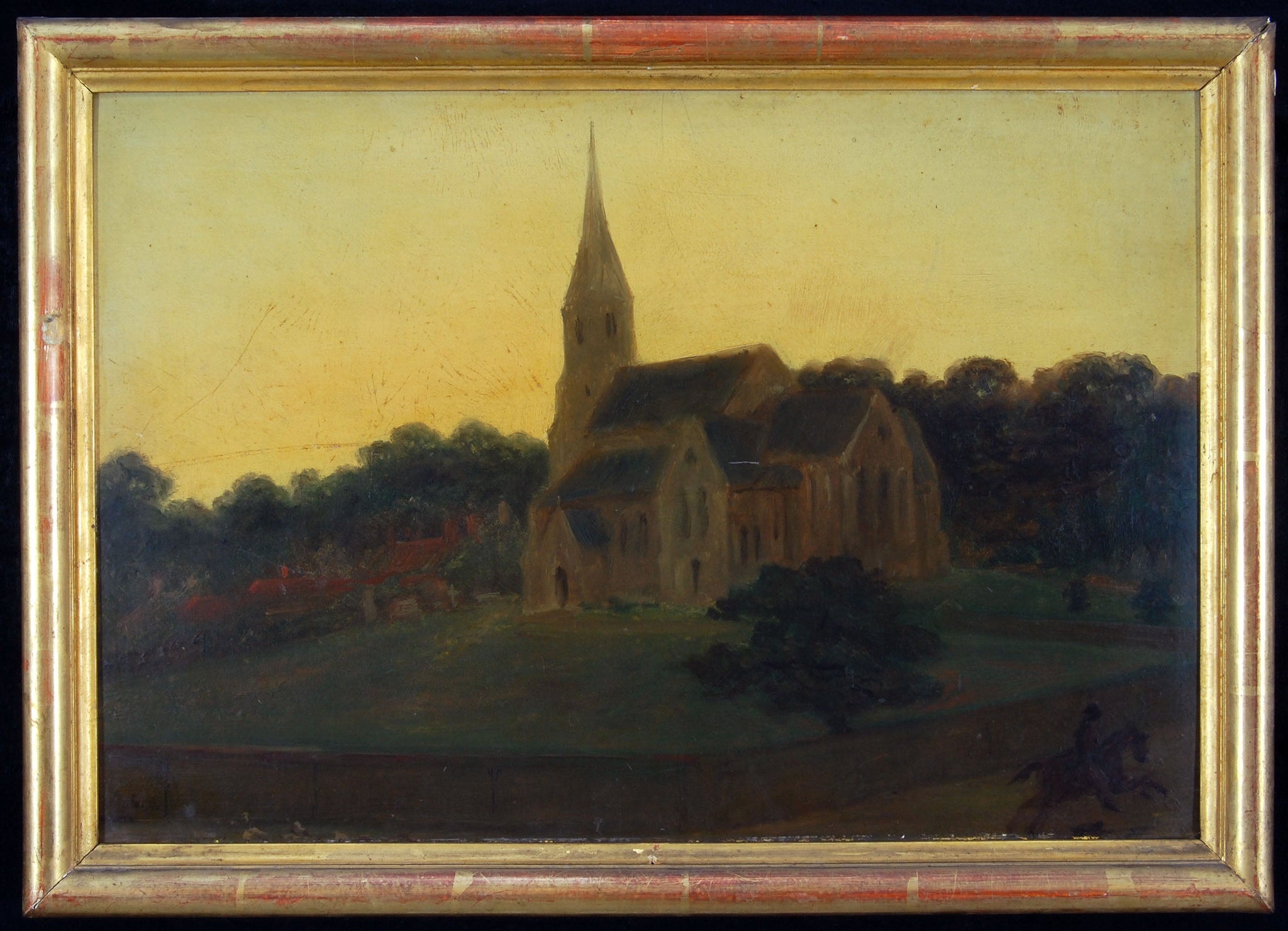 De kerk te Esher bij Claremont in het graafschap Surrey bij zonsondergang - Ary Scheffer image 1 copie peinte à la main à l’huile