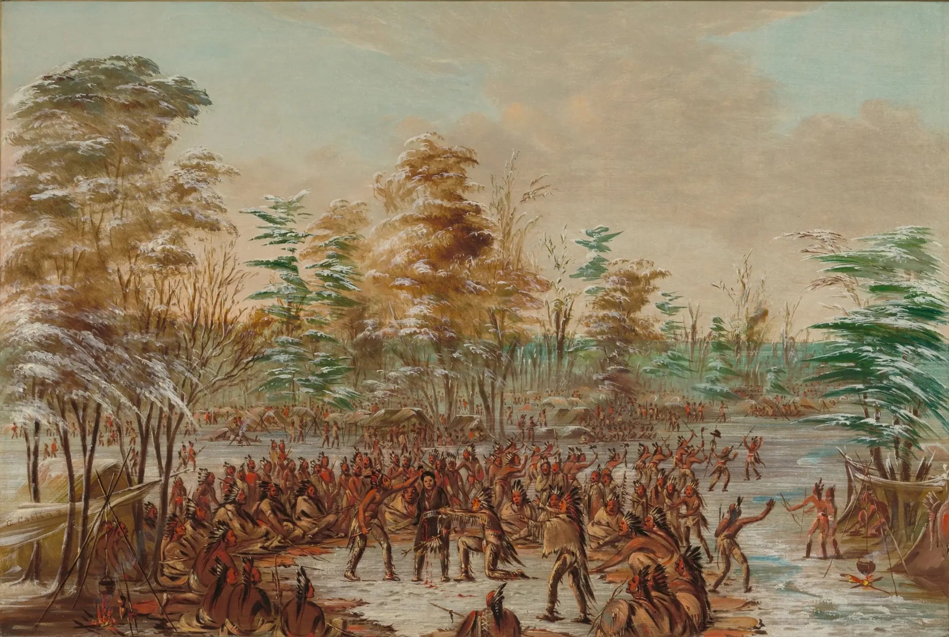 De Tonty demandant la paix dans le village iroquois. 2 janvier 1680 - George Catlin image 1 copie de tableau peinte à la main