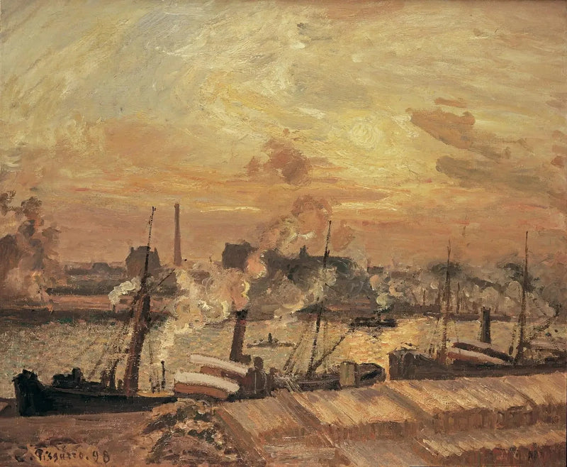 Déchargement de bois, quai de la Bourse, coucher de soleil - Camille Pissarro