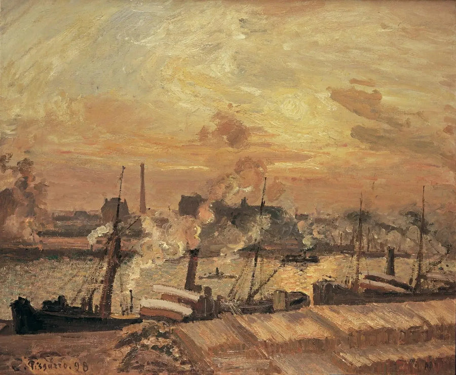 Déchargement de bois, quai de la Bourse, coucher de soleil - Camille Pissarro