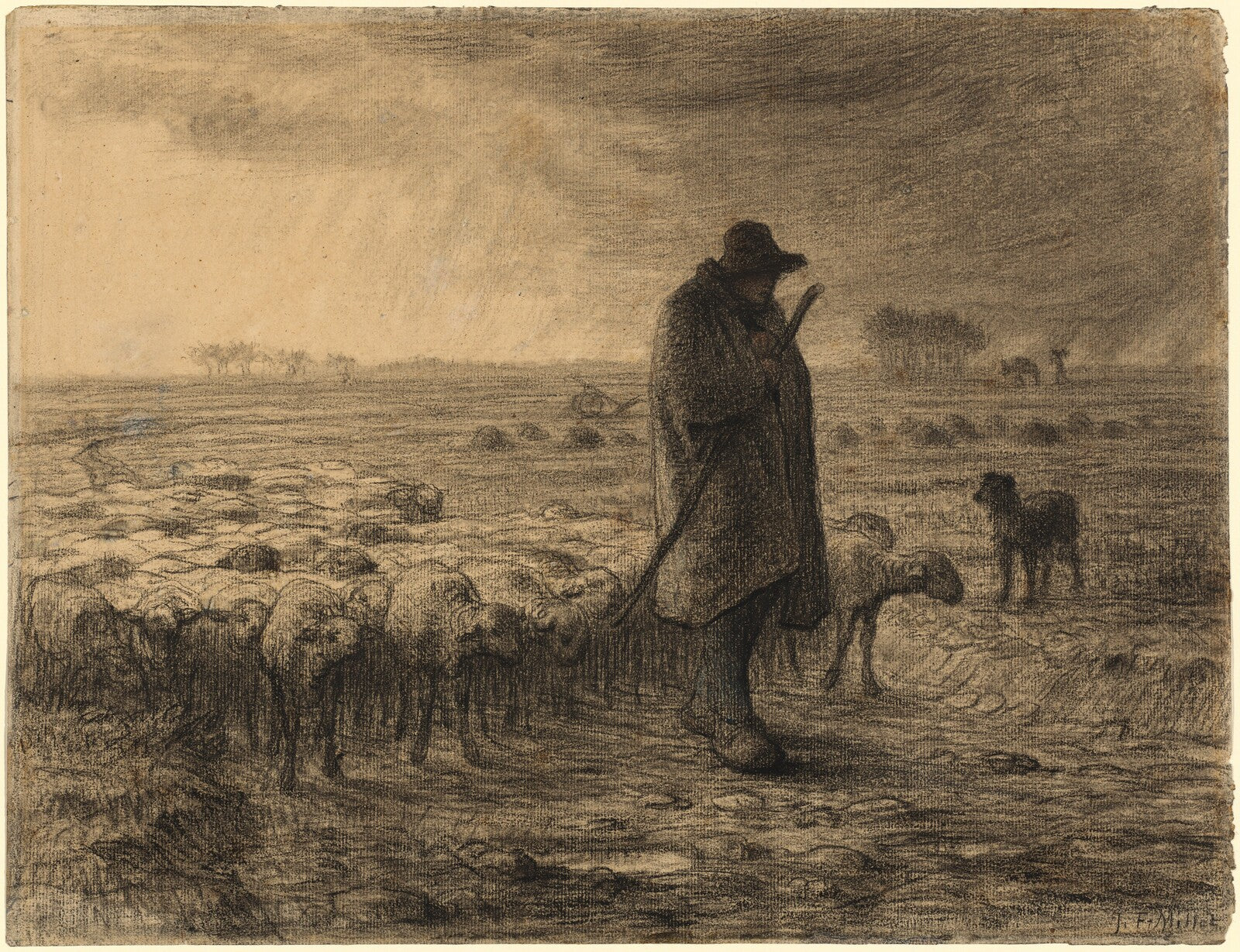 Shepherd Returning with His Flock, Jean-François Millet, c. 1860 — pastel, National Gallery of Art