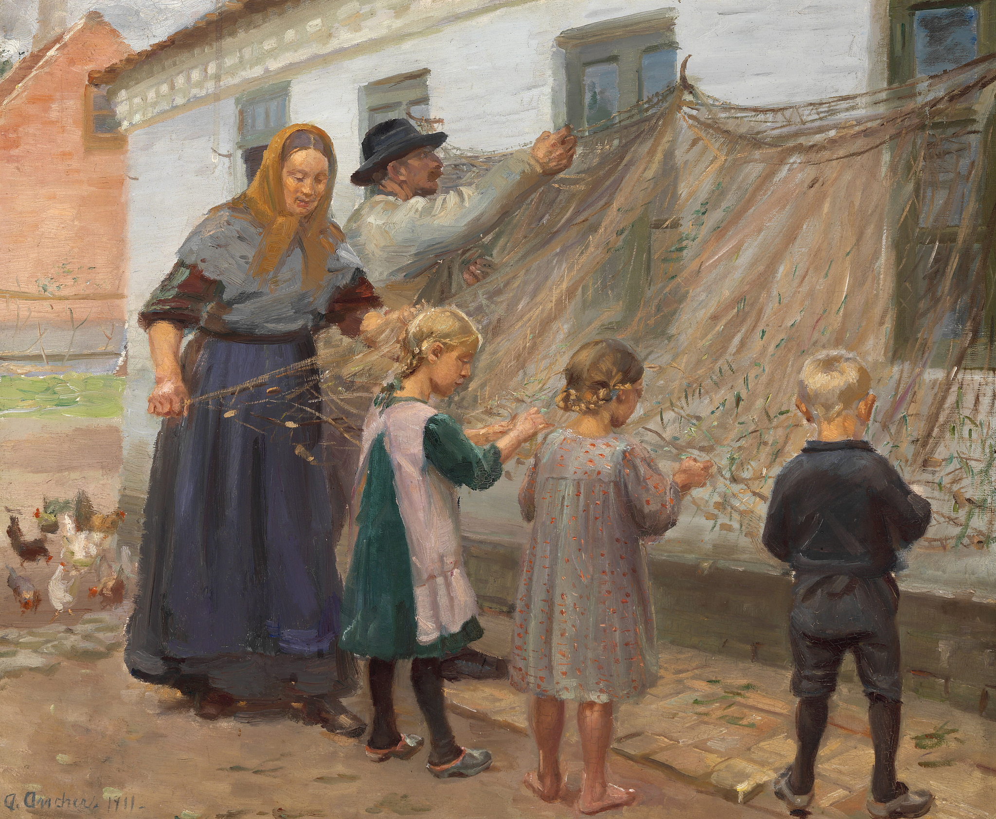 Démêler le filet de pêche. - Anna Ancher image 1 reproduction de peinture à l’huile