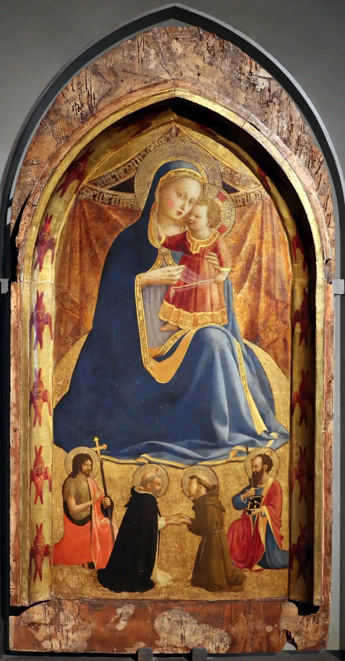 Demutsmadonna mit den heiligen Johannes der Täufer und Paulus und das Treffen der heiligen Dominiks und Franziskus - Fra Angelico image 1 copie peinte à la main à l’huile