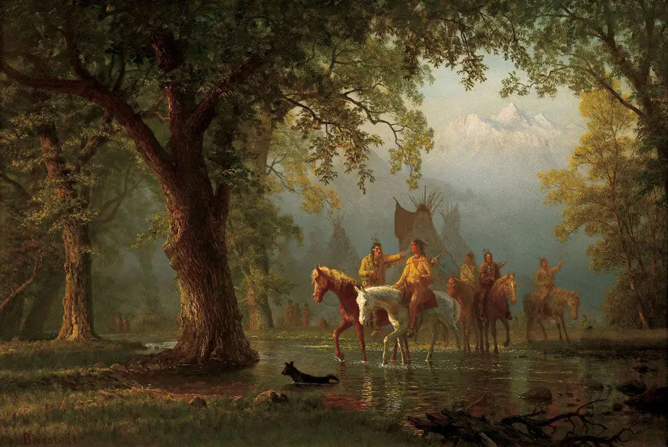 Départ d'un groupe de guerre indien - Albert Bierstadt image 1 copie de tableau peinte à la main