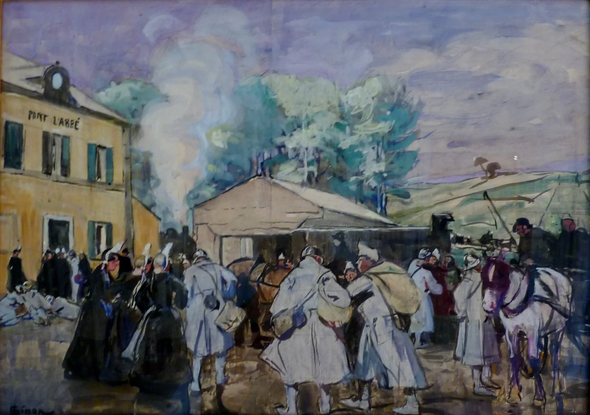 Départ des permissionnaires de la Grande Guerre à la gare de Pont-l'Abbé - Lucien Simon image 1 copie peinte à la main à l’huile
