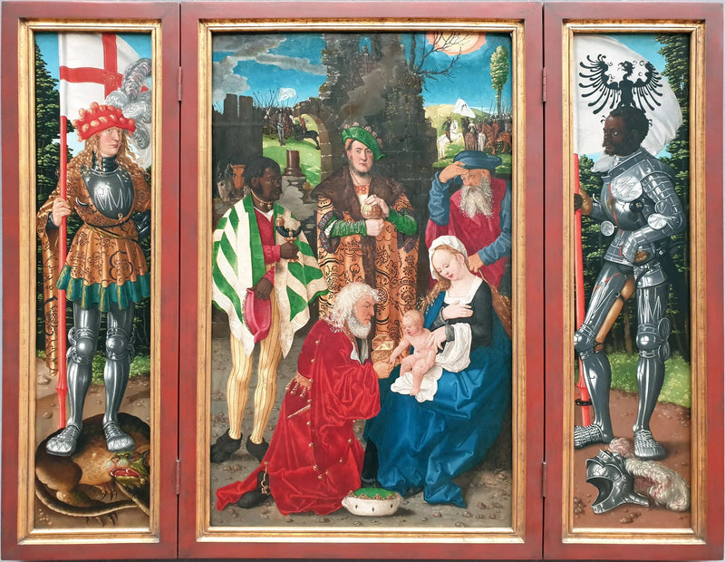 Der Dreikönigsaltar Innentafeln: Anbetung der Könige, der Heilige Georg und der Heilige Mauritius - Hans Baldung Grien