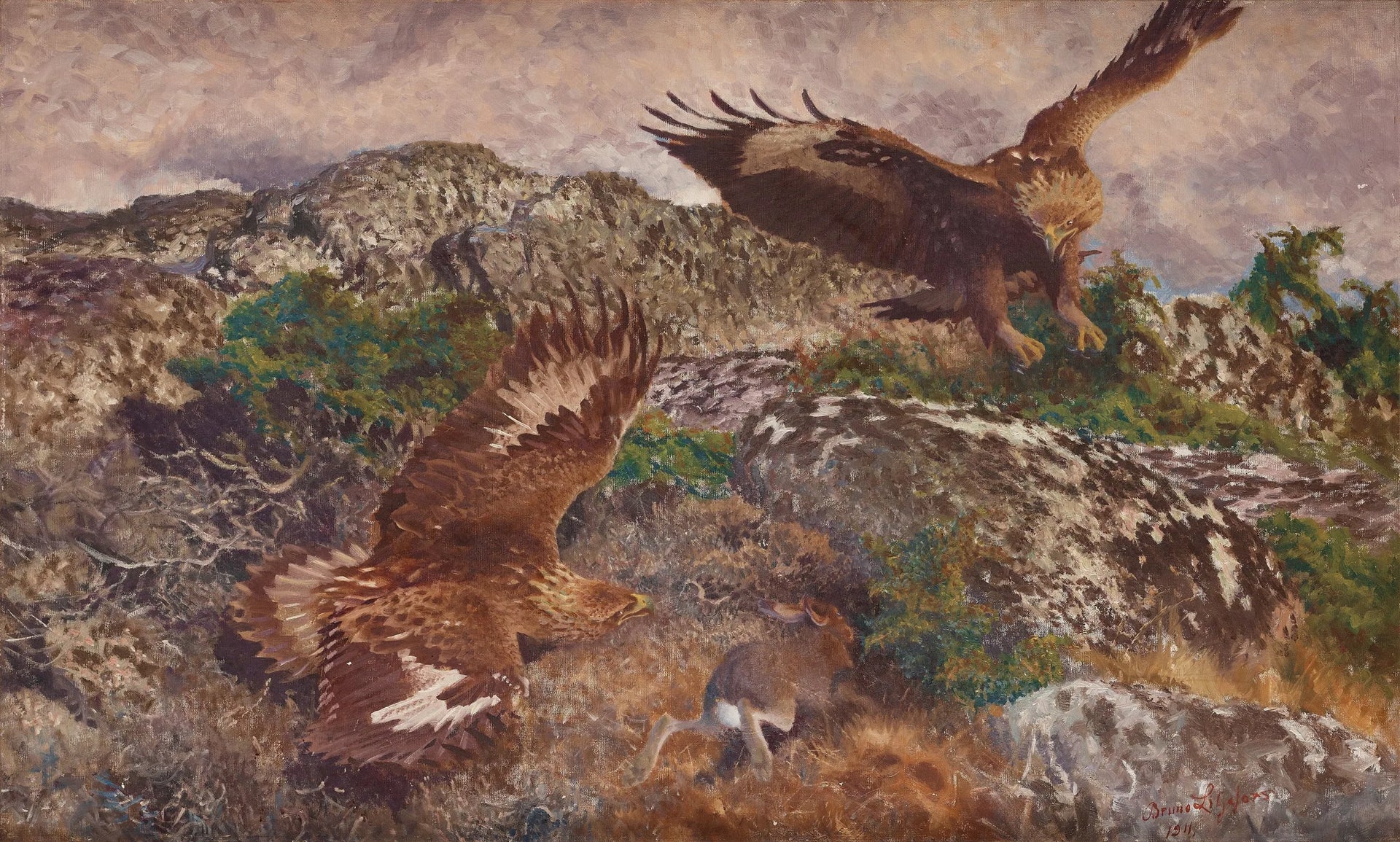 Des aigles chassant un lièvre - Bruno Liljefors image 1 reproduction d’œuvre d’art à l’huile