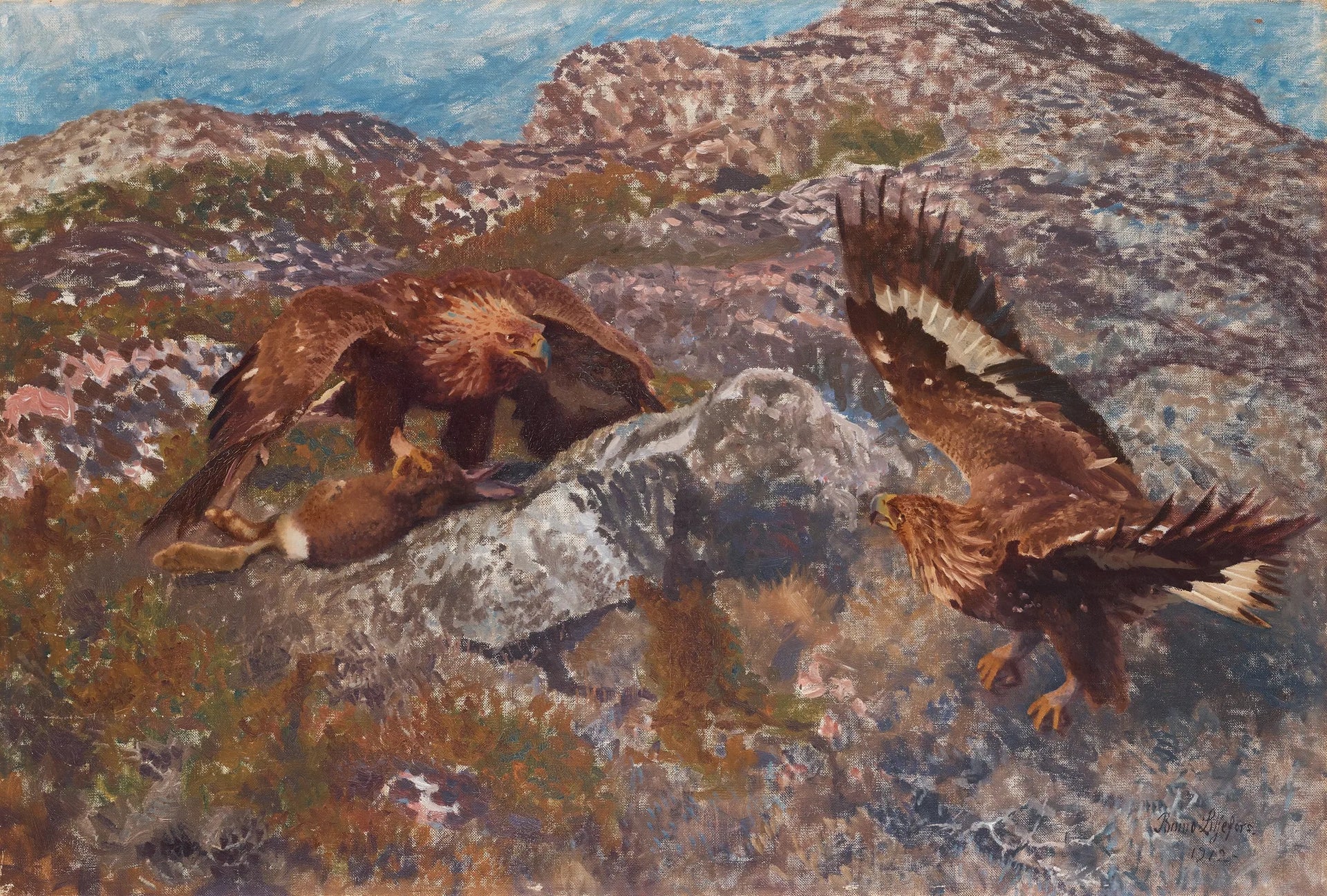 Des aigles royaux attaquent un lièvre - Bruno Liljefors image 1 reproduction artisanale de tableau