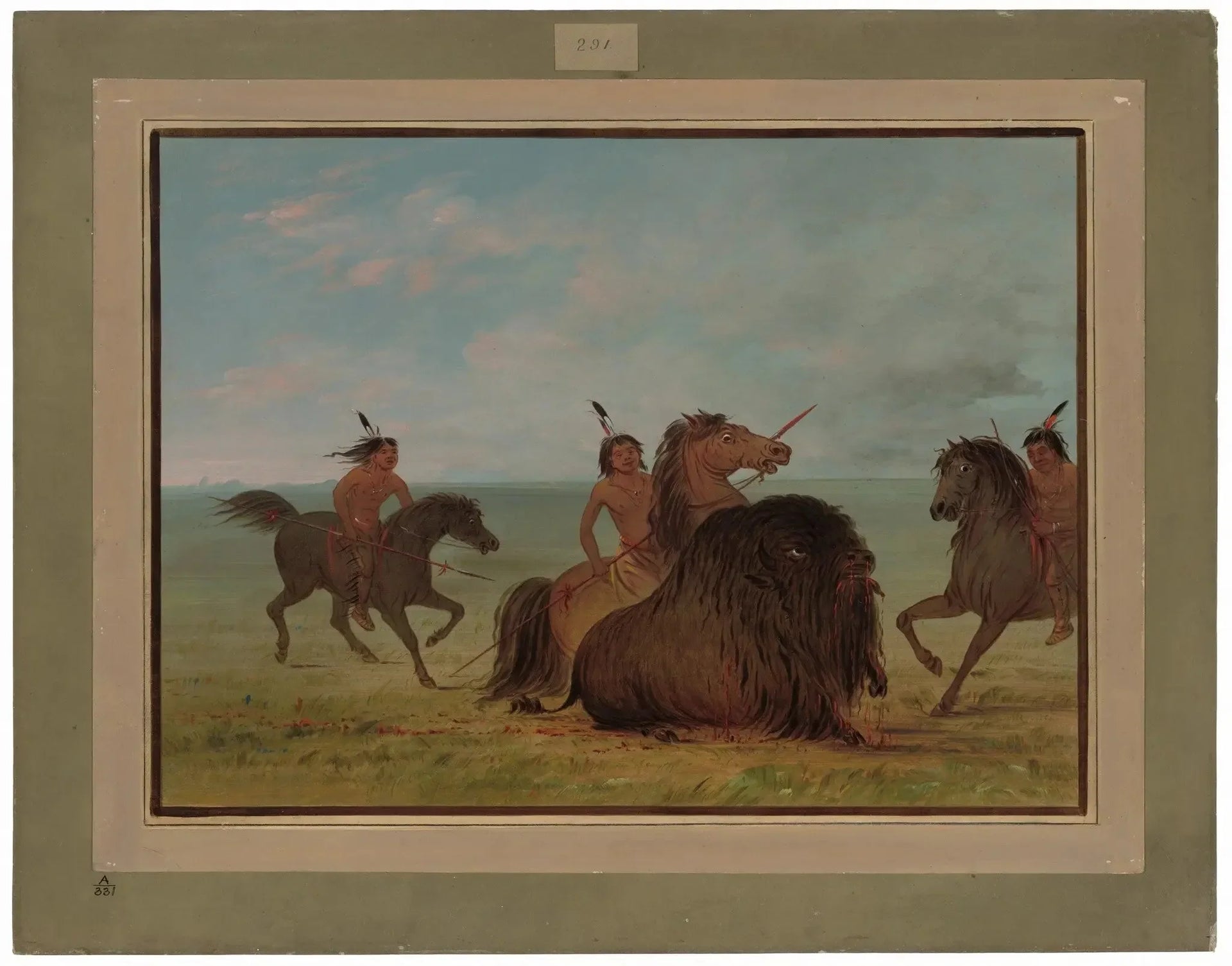 Des Camanchees lancent un bison mâle - George Catlin image 1 reproduction artisanale de tableau