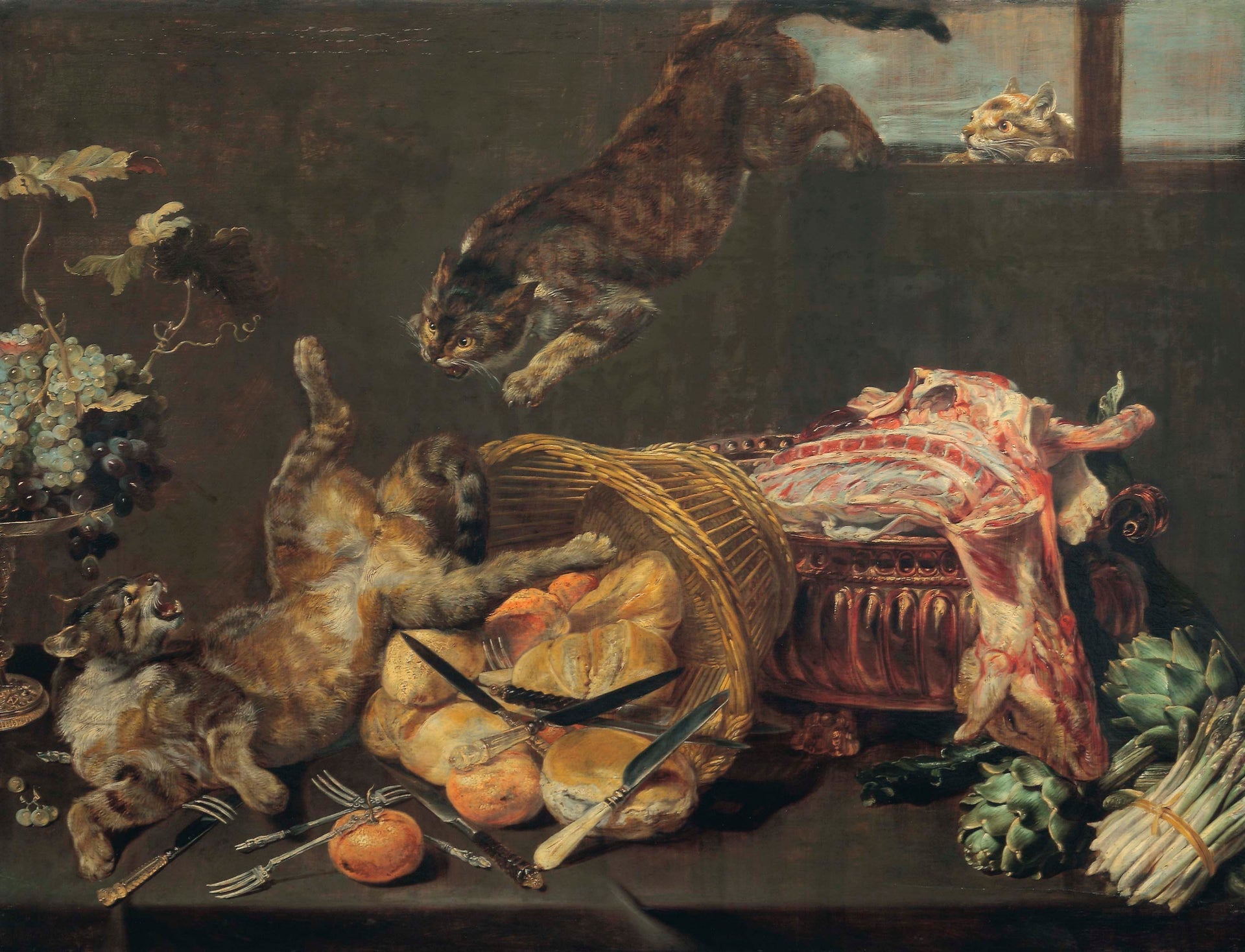 Des chats qui se battent dans un garde-manger, avec des miches de pain, un agneau préparé, des artichauts et des raisins. - Frans Snyders image 1 reproduction réalisée par Alpha Reproduction