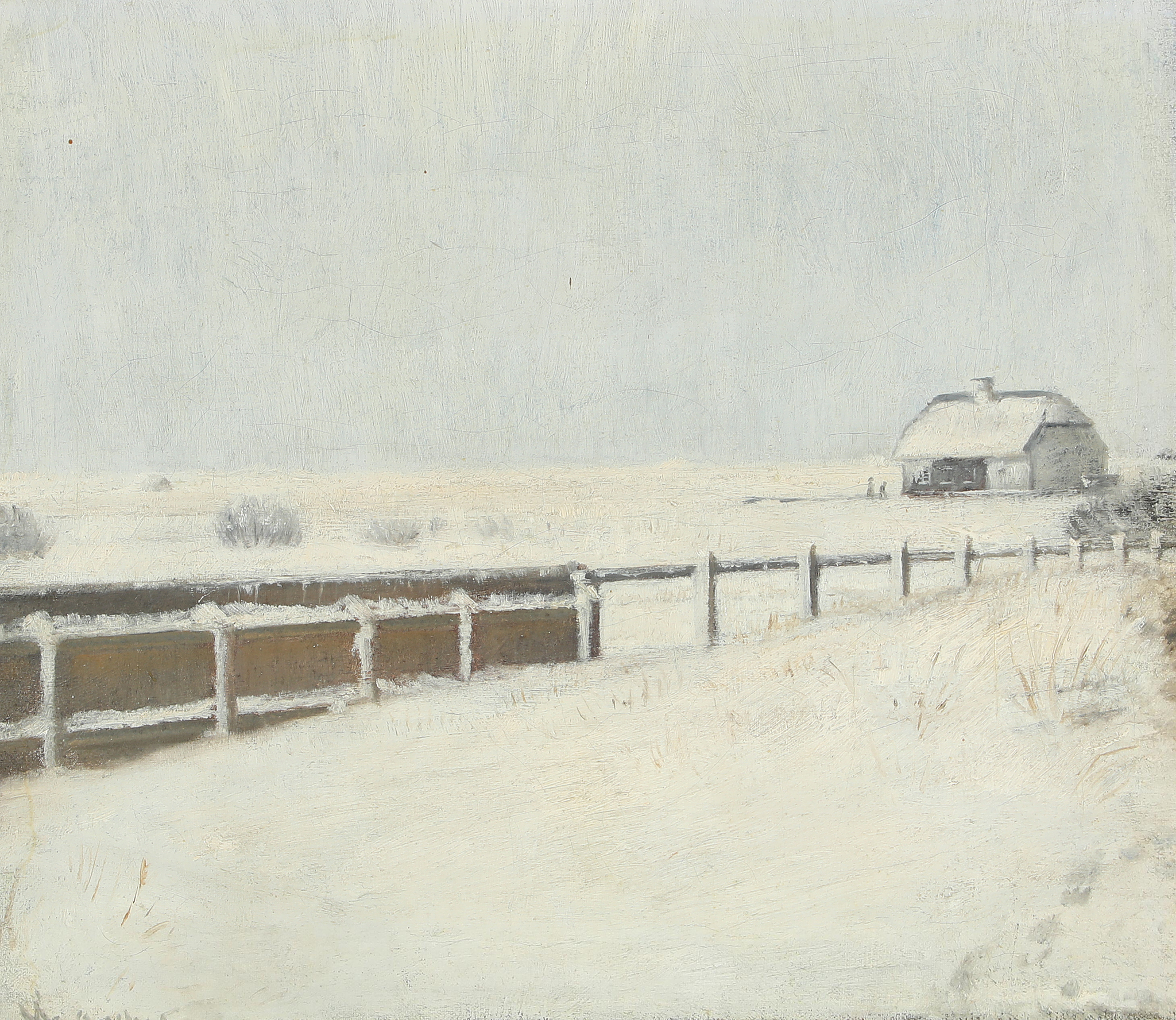 Des clôtures et un chalet sous la neige à Skagen. - Michael Peter Ancher image 1 tableau peint à l’huile sur toile
