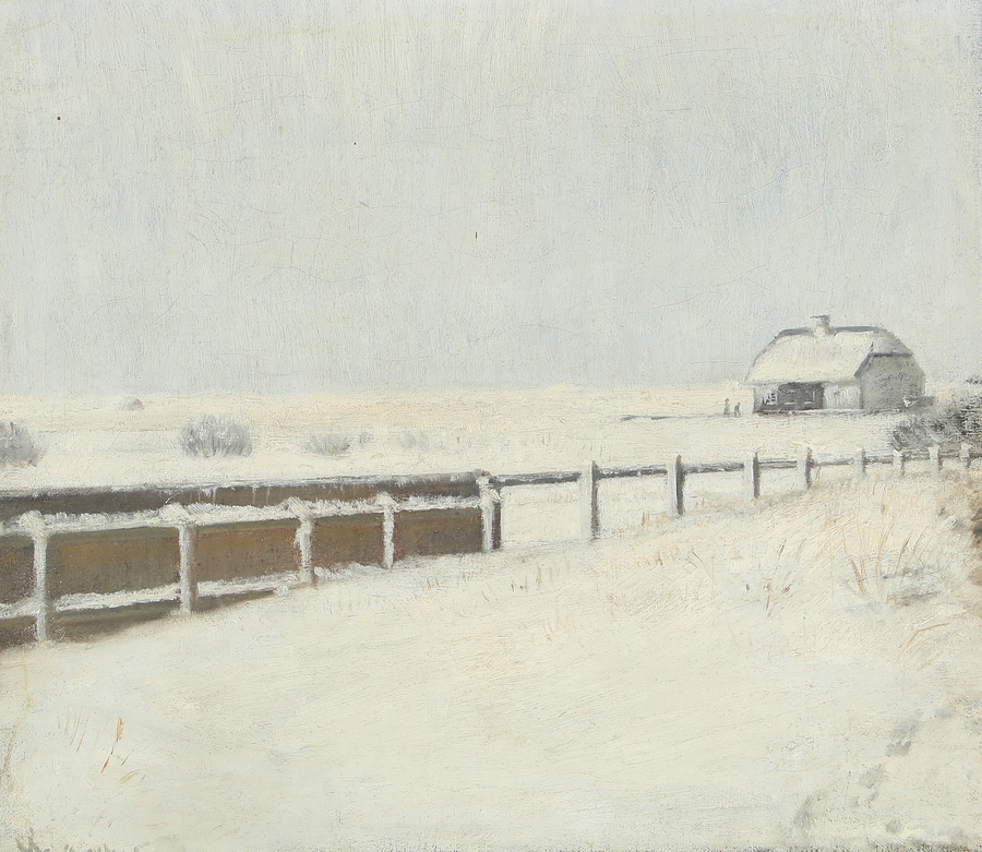 Des clôtures et un chalet sous la neige à Skagen. - Michael Peter Ancher