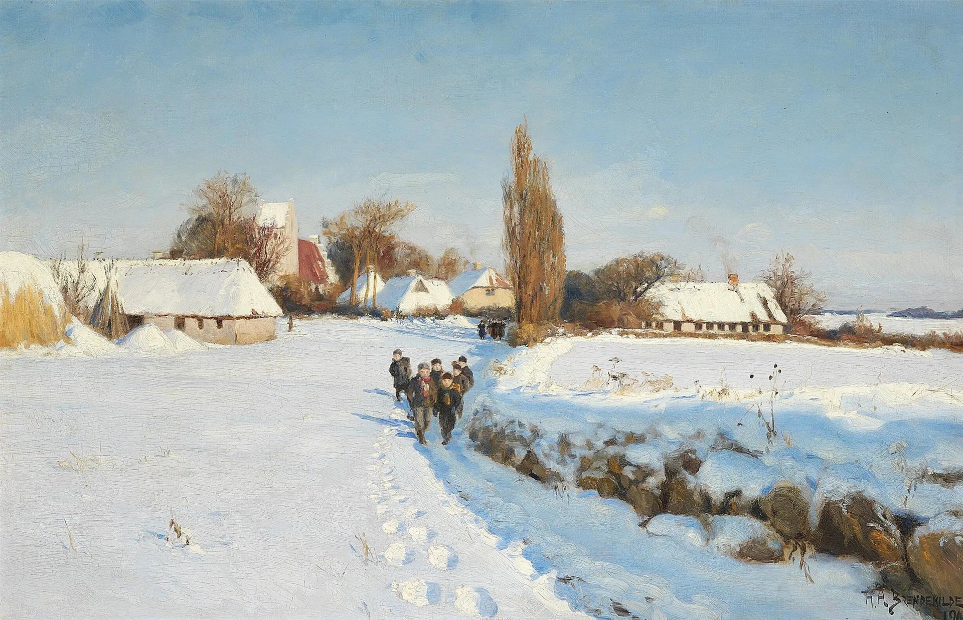 Des écoliers marchent dans la neige lors d'une journée d'hiver ensoleillée. - H. A. Brendekilde image 1 copie de tableau peinte à la main