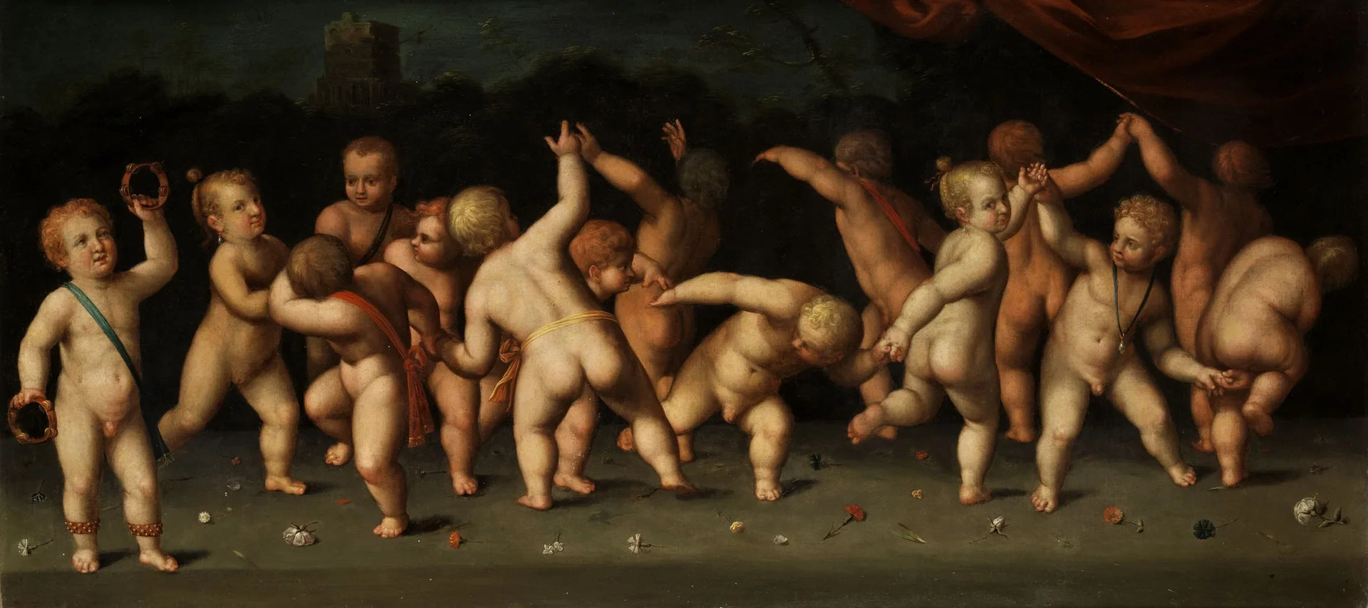 Des enfants dansent en rond et soufflent dans un paysage - Denis Calvaert image 1 tableau peint à l’huile sur toile