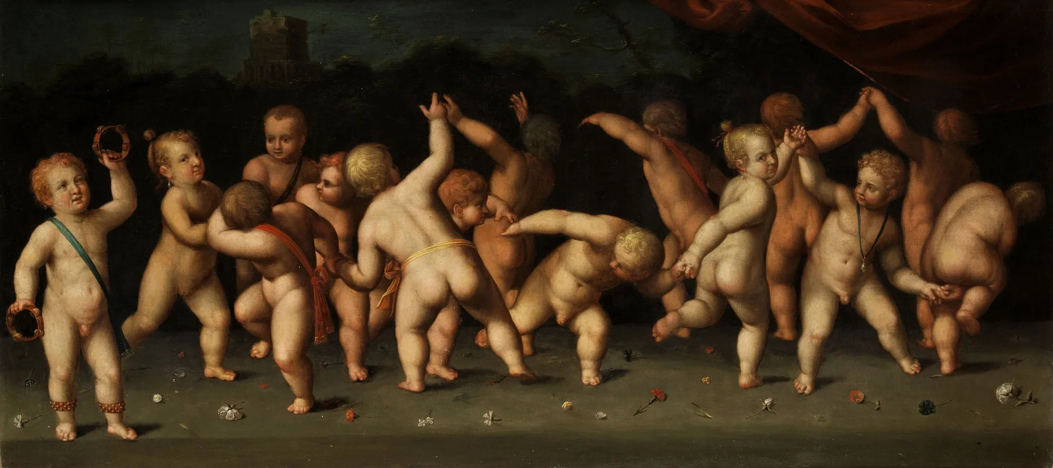 Des enfants dansent en rond et soufflent dans un paysage - Denis Calvaert image 1 tableau peint à l’huile sur toile