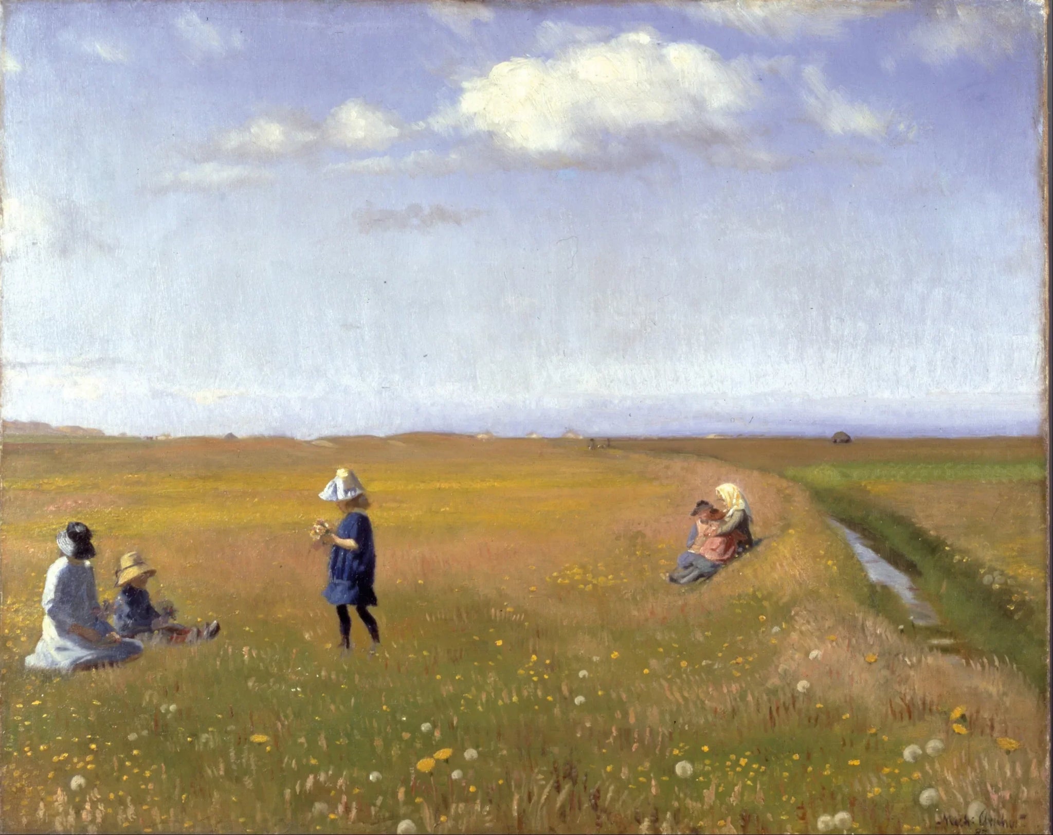 Des enfants et des jeunes filles cueillent des fleurs dans un champ au nord de Skagen - Michael Peter Ancher image 1 copie peinte à la main à l’huile