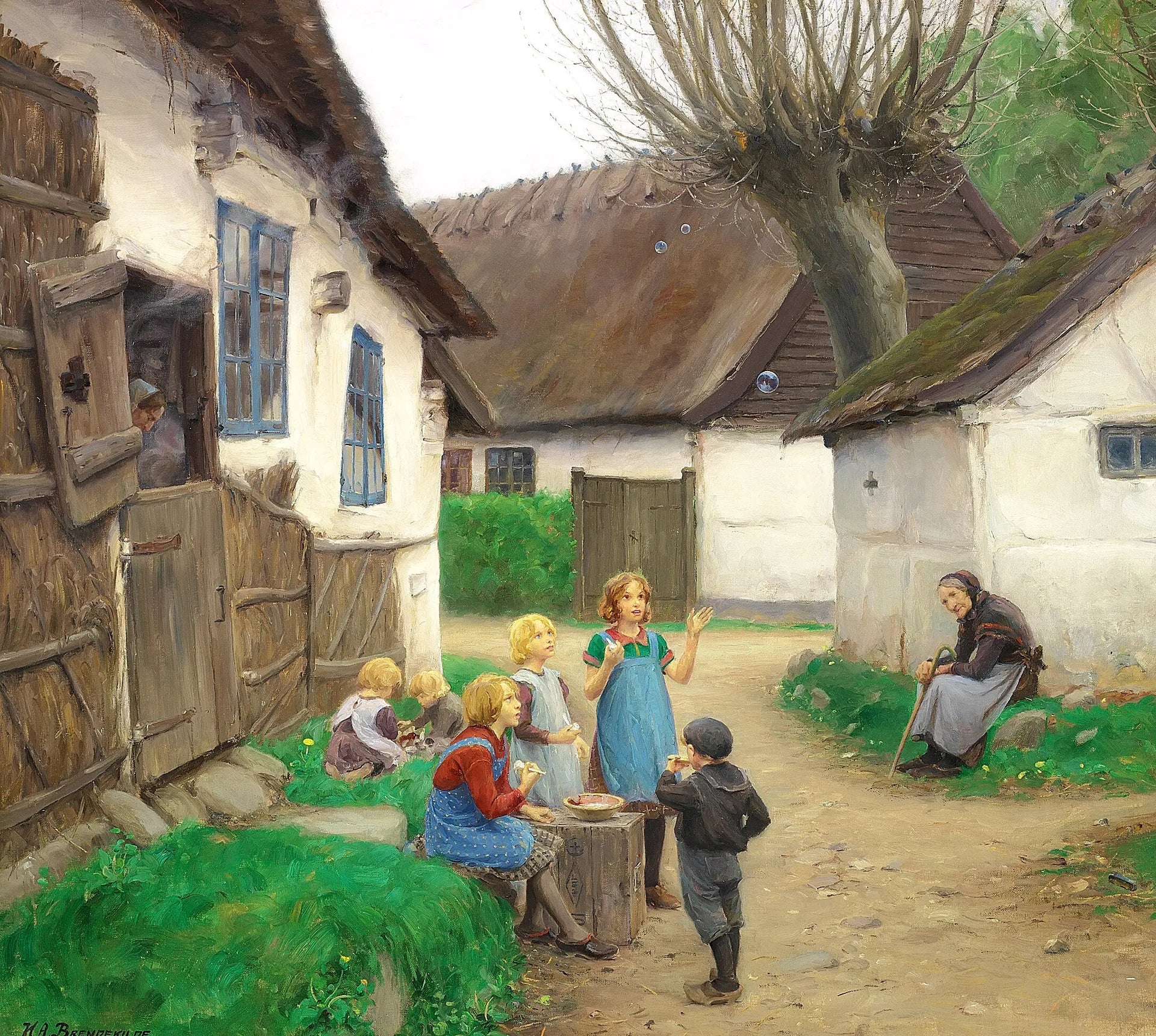 Des enfants font des bulles. - H. A. Brendekilde image 1 copie peinte à la main à l’huile
