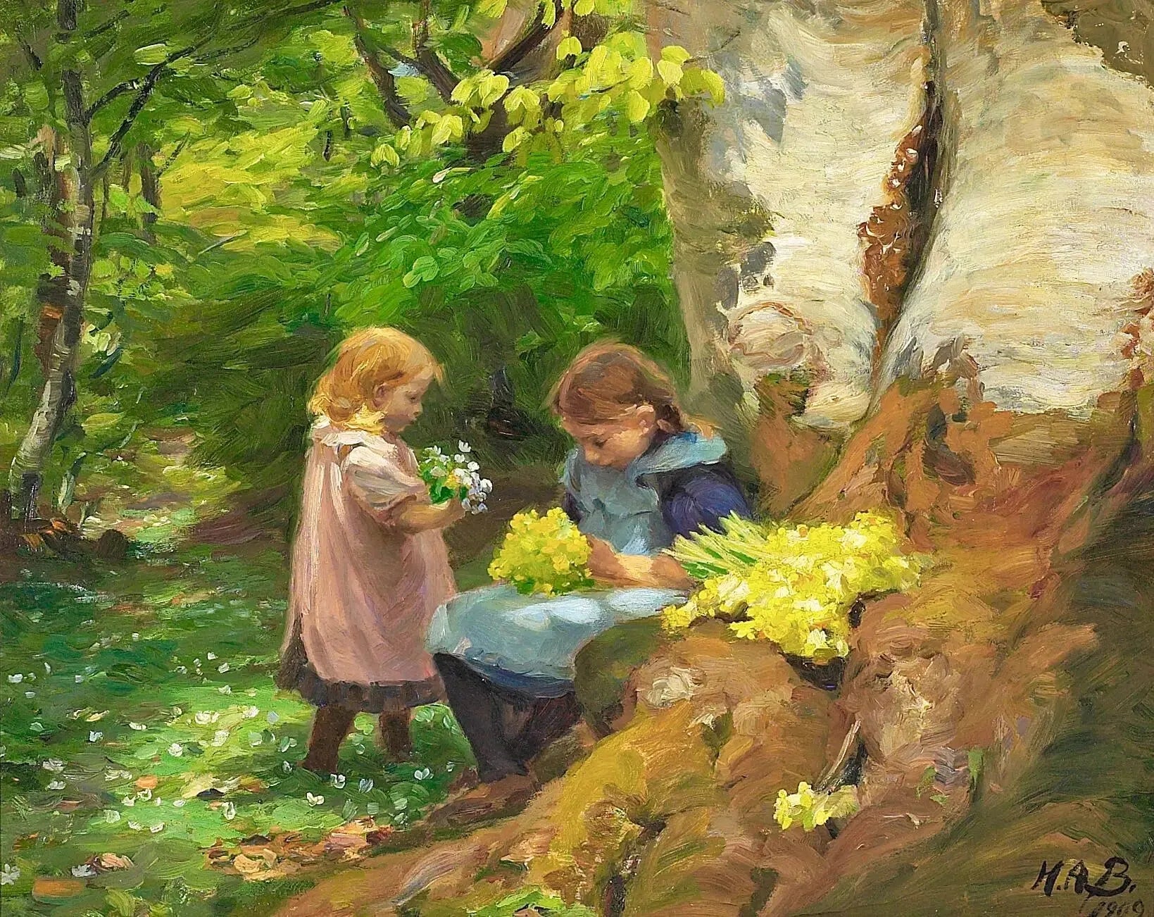 Des filles cueillent des anémones et des primevères dans les bois de Hunnerup près d'Odense. - H. A. Brendekilde image 1 copie de tableau peinte à la main