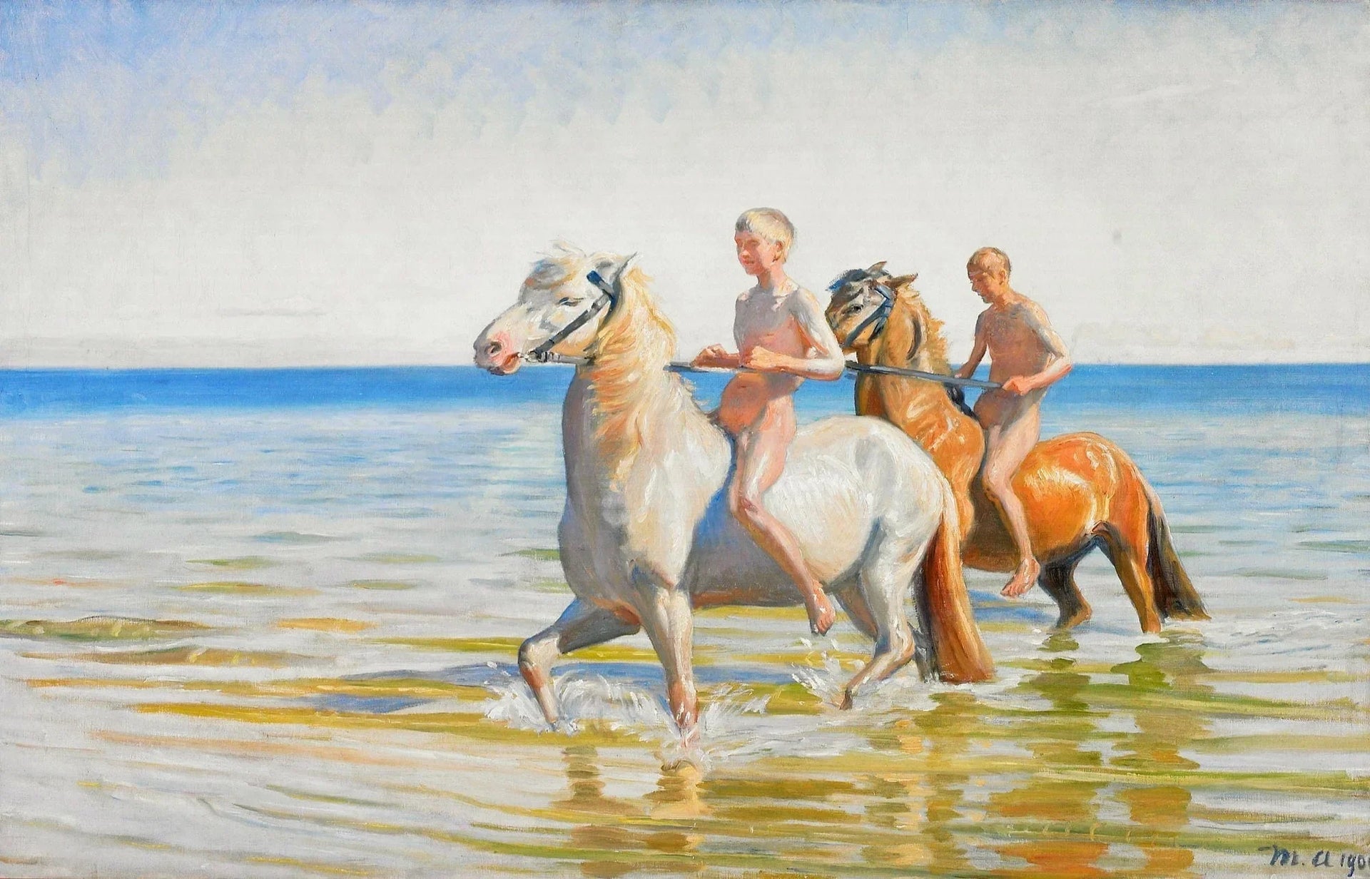 Des garçons vont à l'abreuvoir à cheval. Skagen, 1900 - Michael Peter Ancher image 1 copie de tableau peinte à la main