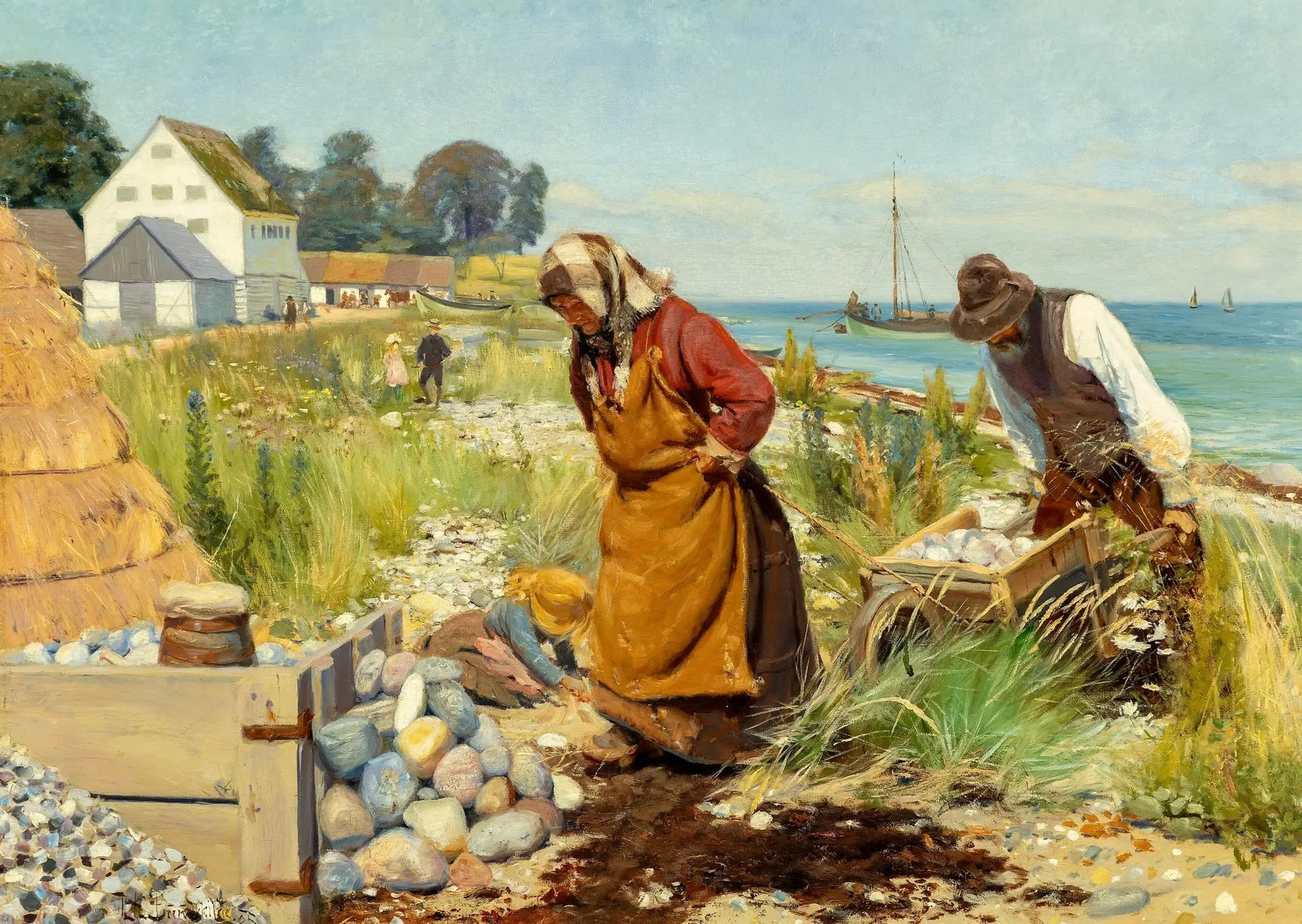 Des gens coupent des décombres près d'une plage à Stevns, au Danemark. - H. A. Brendekilde image 1 reproduction de peinture à l’huile