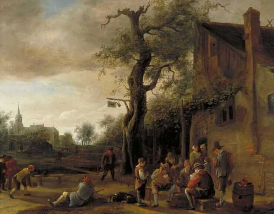 Des joueurs de cartes et des joueurs de bowling près d'une auberge - Jan Steen