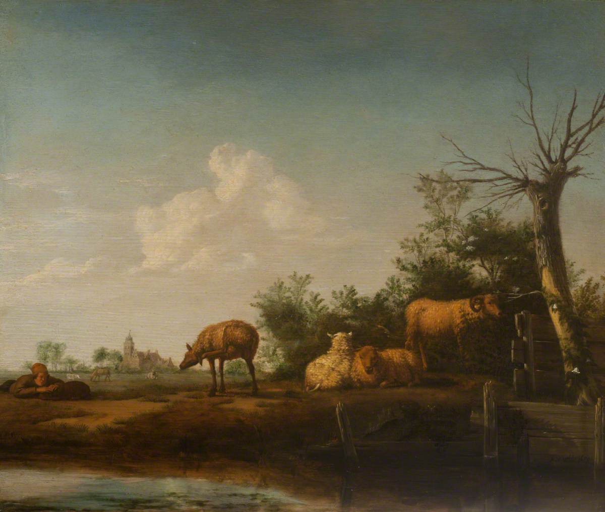 Des moutons près d'un ruisseau avec un berger et son chien - Adriaen van de Velde image 1 copie peinte à la main à l’huile