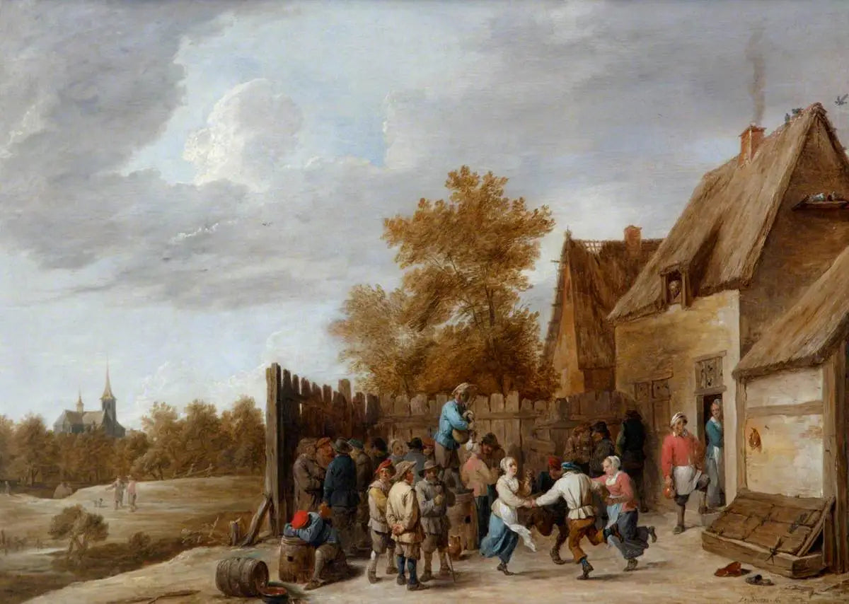Des paysans dansent devant une taverne, avec une église de village au loin - David Teniers le Jeune image 1 reproduction d’œuvre d’art à l’huile