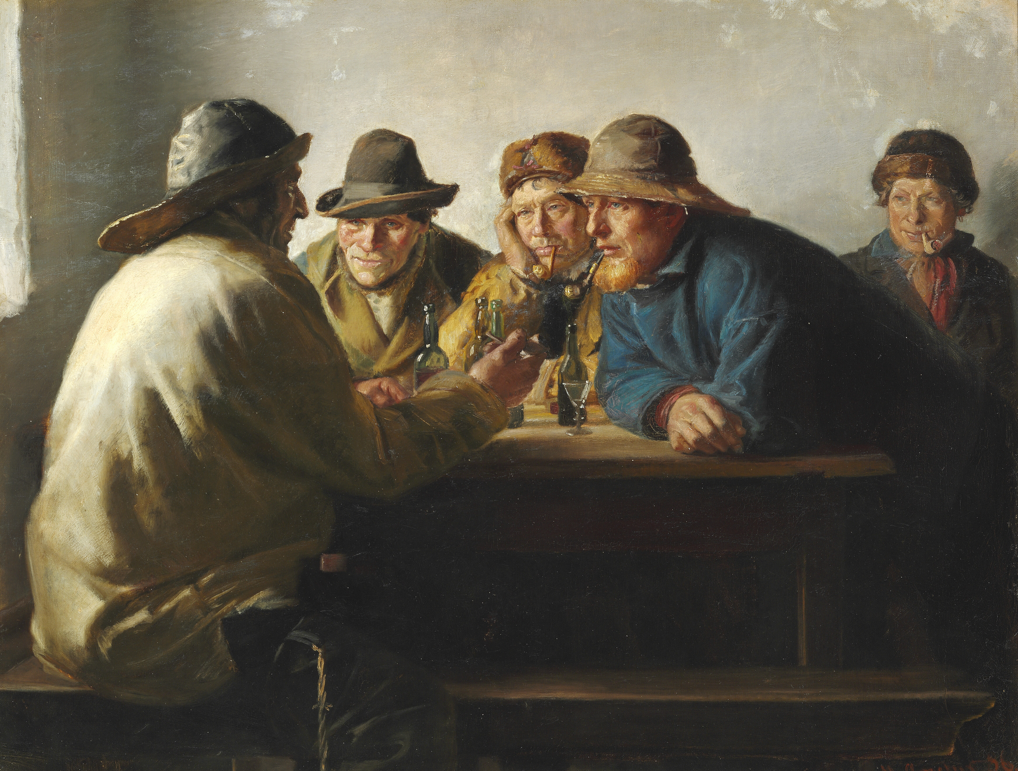 Des pêcheurs assis autour d'une table en train de boire - Michael Peter Ancher image 1 reproduction de peinture à l’huile