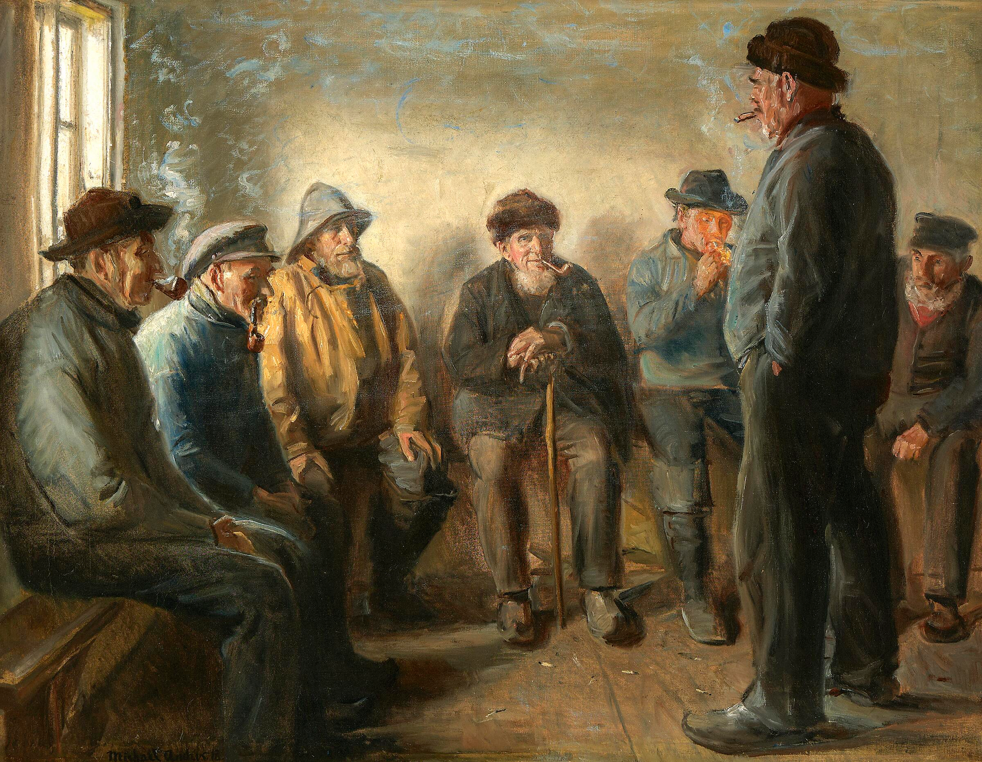 Des pêcheurs dans la boutique de Brøndum. - Michael Peter Ancher image 1 reproduction réalisée par Alpha Reproduction