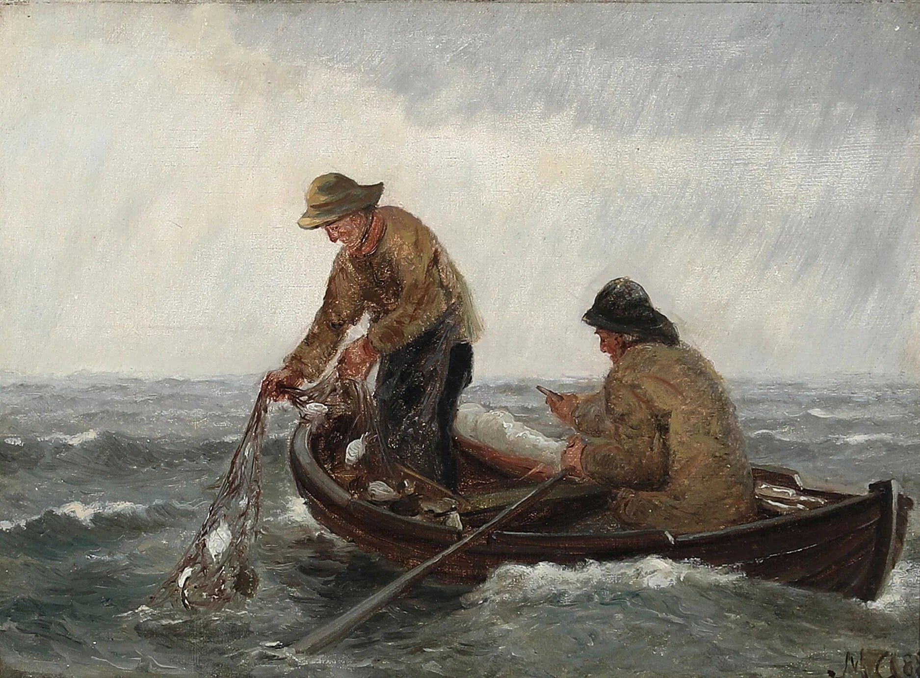 Des pêcheurs dans un canot pneumatique récupèrent leurs filets. - Michael Peter Ancher image 1 reproduction d’œuvre d’art à l’huile