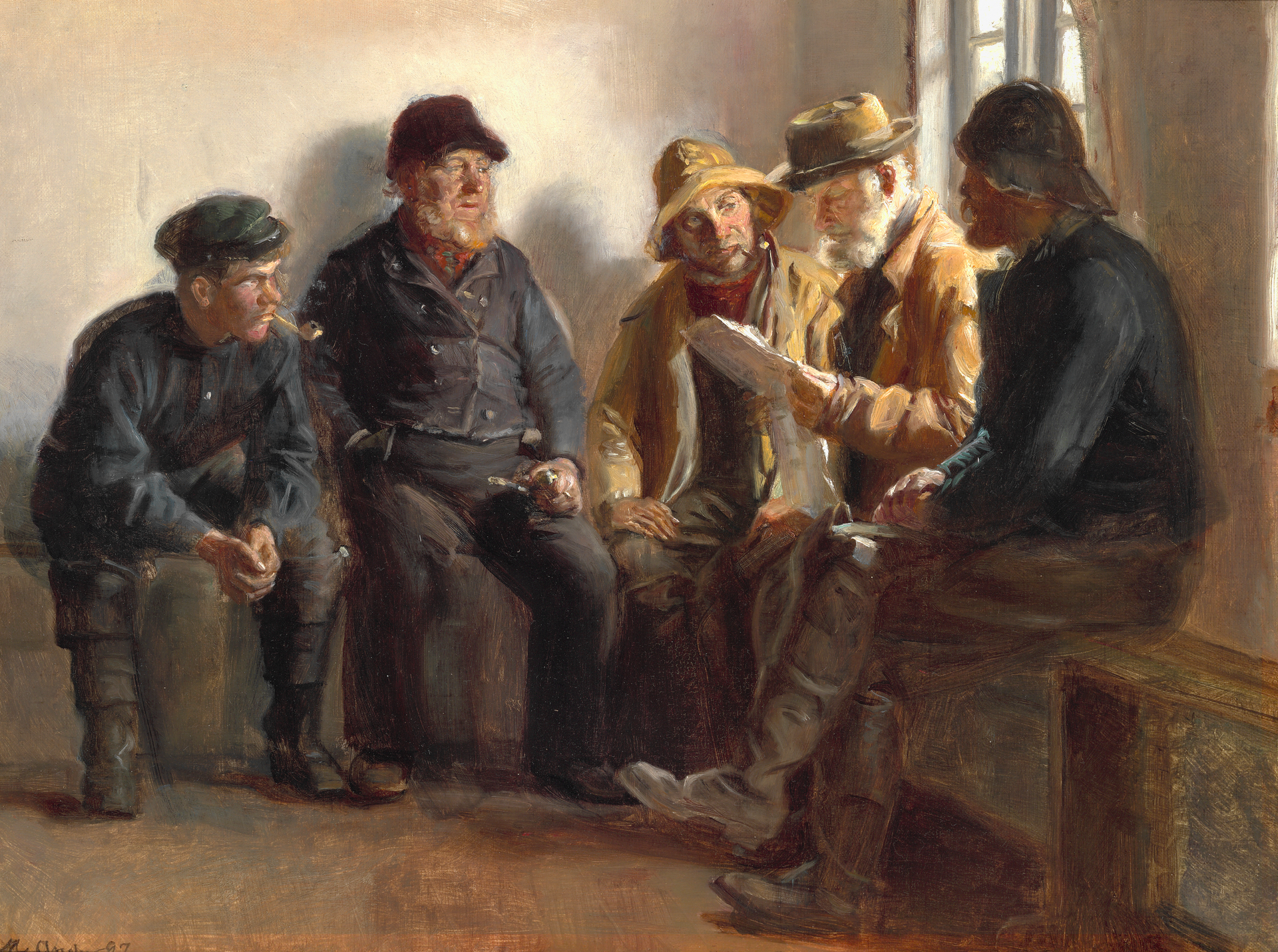 Des pêcheurs dans une épicerie de Skagen. Søren Kruse lit le journal du jour. - Michael Peter Ancher image 1 reproduction artisanale de tableau