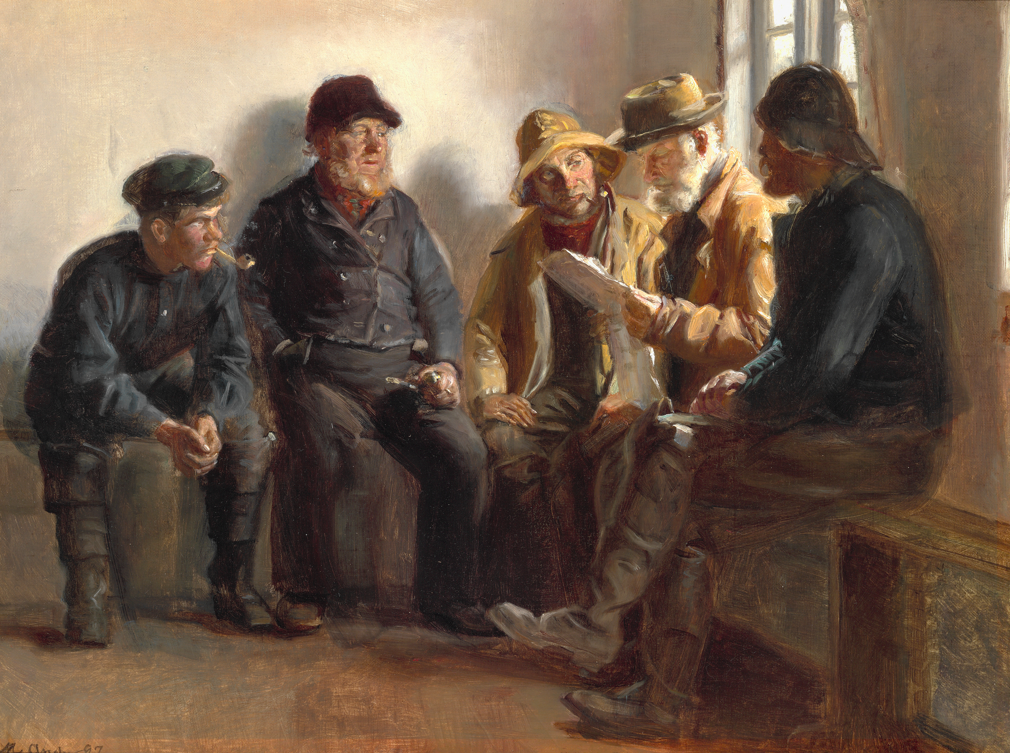 Des pêcheurs dans une épicerie de Skagen. Søren Kruse lit le journal du jour. - Michael Peter Ancher image 1 reproduction artisanale de tableau