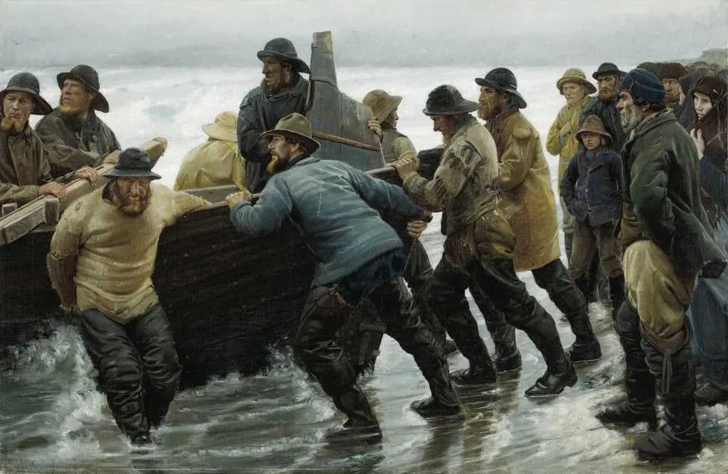 Des pêcheurs mettent à l'eau une barque à rames - Michael Peter Ancher image 1 reproduction de peinture à l’huile